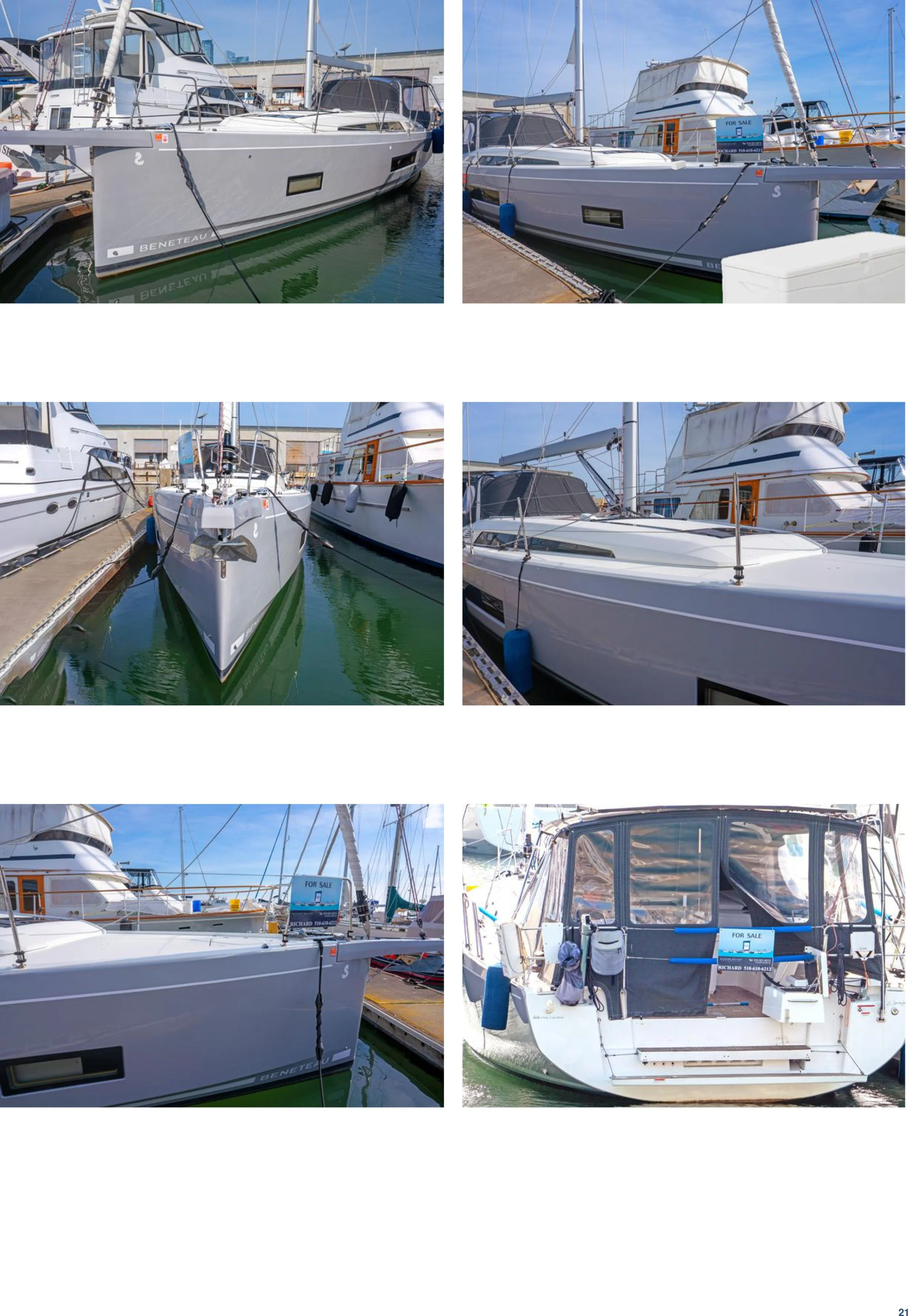 Series of six photos of sailboats and yachts docked at a marina for sale, showing different angles of the vessels.