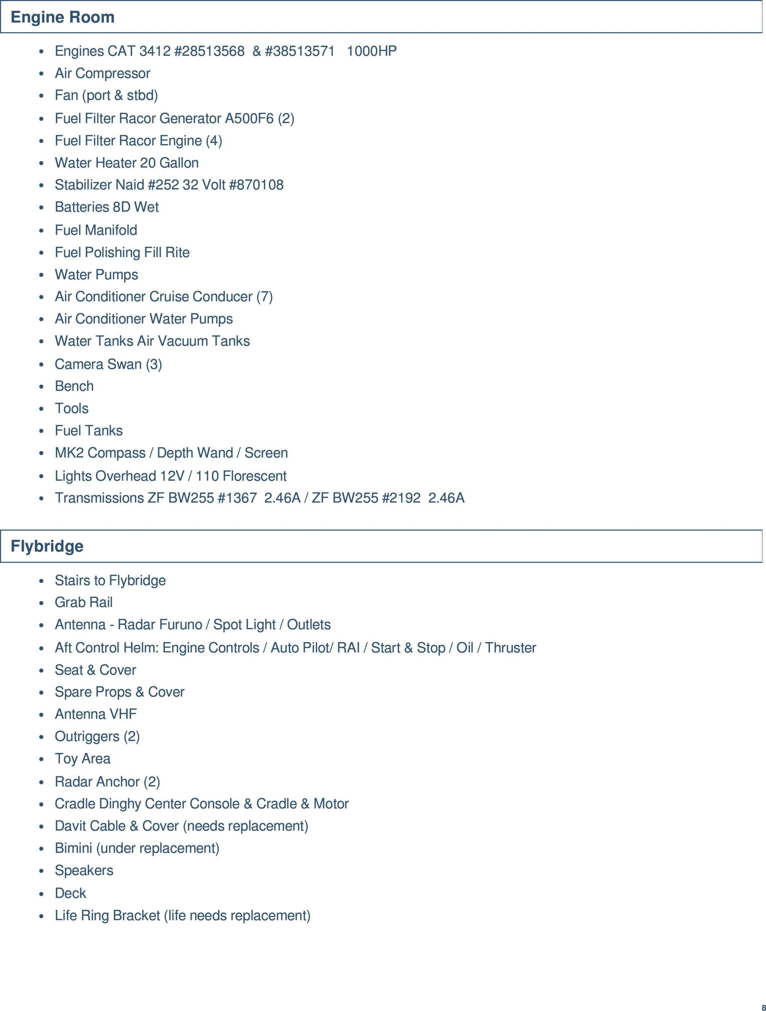 List of equipment and components in an engine room and flybridge, including engines, air compressor, fuel filters, water heater, batteries, water pumps, camera, tools, transmitters, stairs, antennas, control helms, outriggers, radar, speakers, dock, 