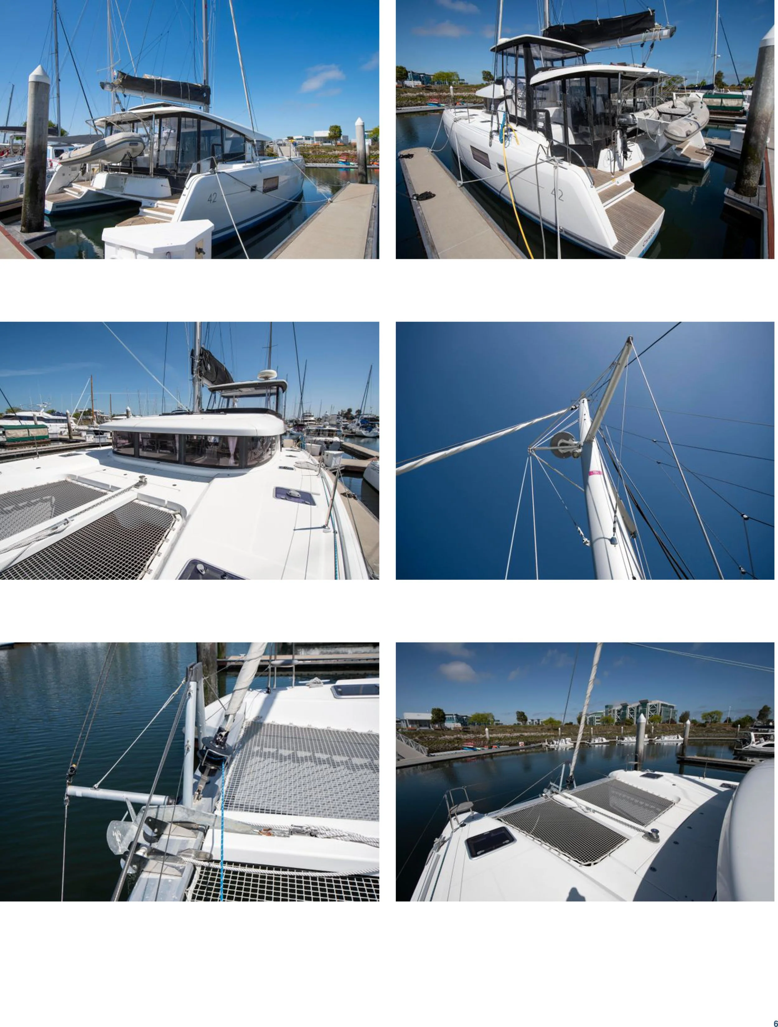 Series of images showing white yachts docked at a marina with blue skies and calm waters.