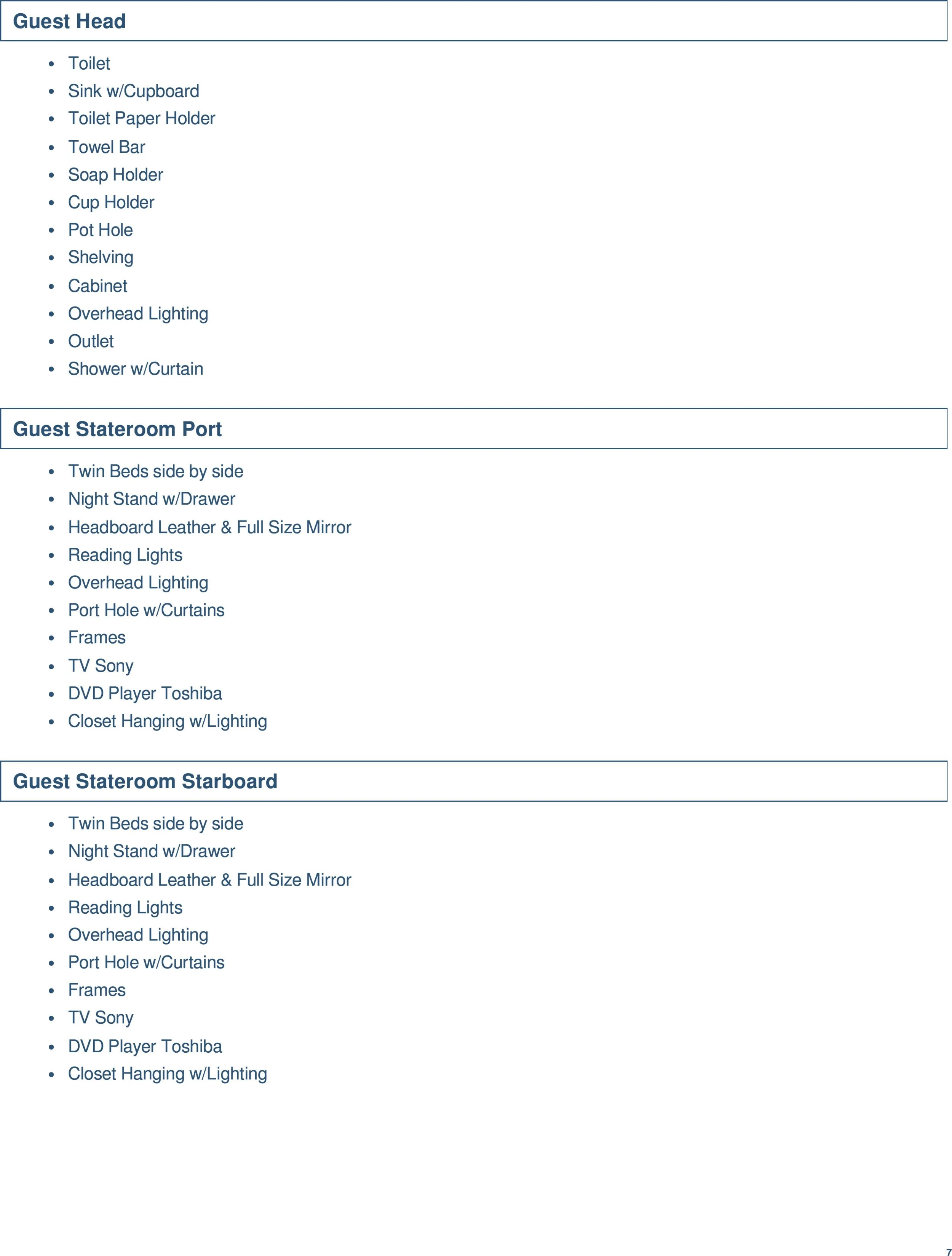 Checklist of amenities and features for guest rooms, including bathroom items, lighting, furniture, and entertainment options.