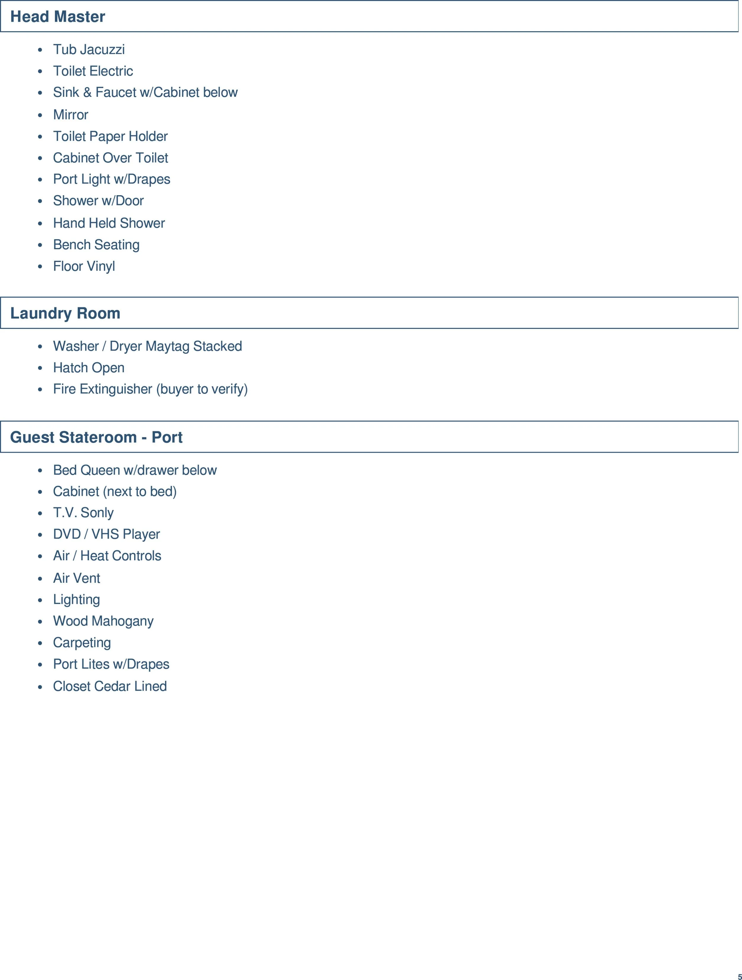 A house checklist with sections for Head Master, Laundry Room, and Guest Stateroom - Port, listing various furnishings and appliances.