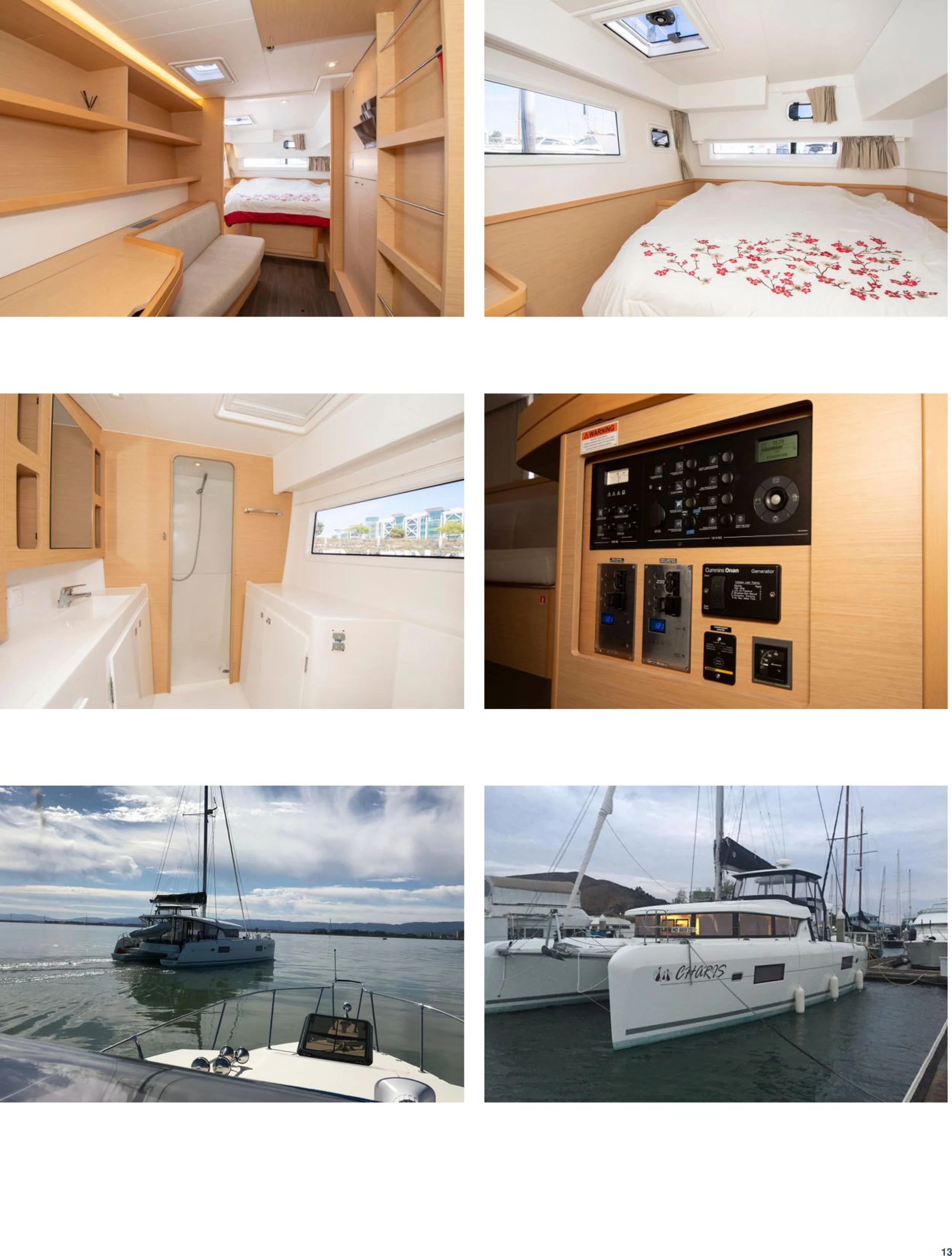 Interior and exterior images of a yacht, including bedrooms, bathroom, control panel, and views of the yacht docked at a marina.