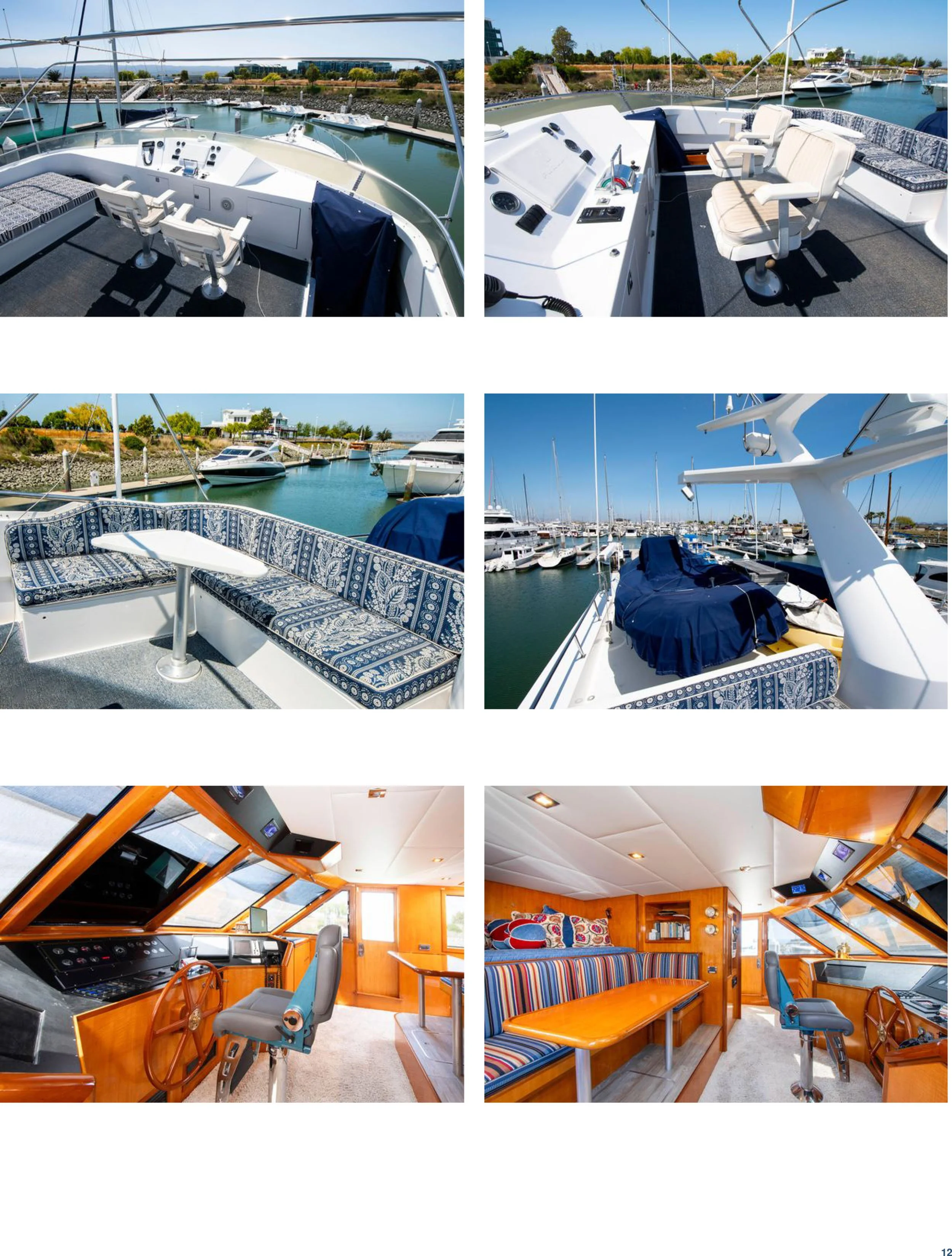 Photo collage of a yacht with outdoor deck and interior cabin, showcasing the helm station with controls, seating area with patterned cushions, marina views with boats, and the interior living space with wooden furnishings and a table.