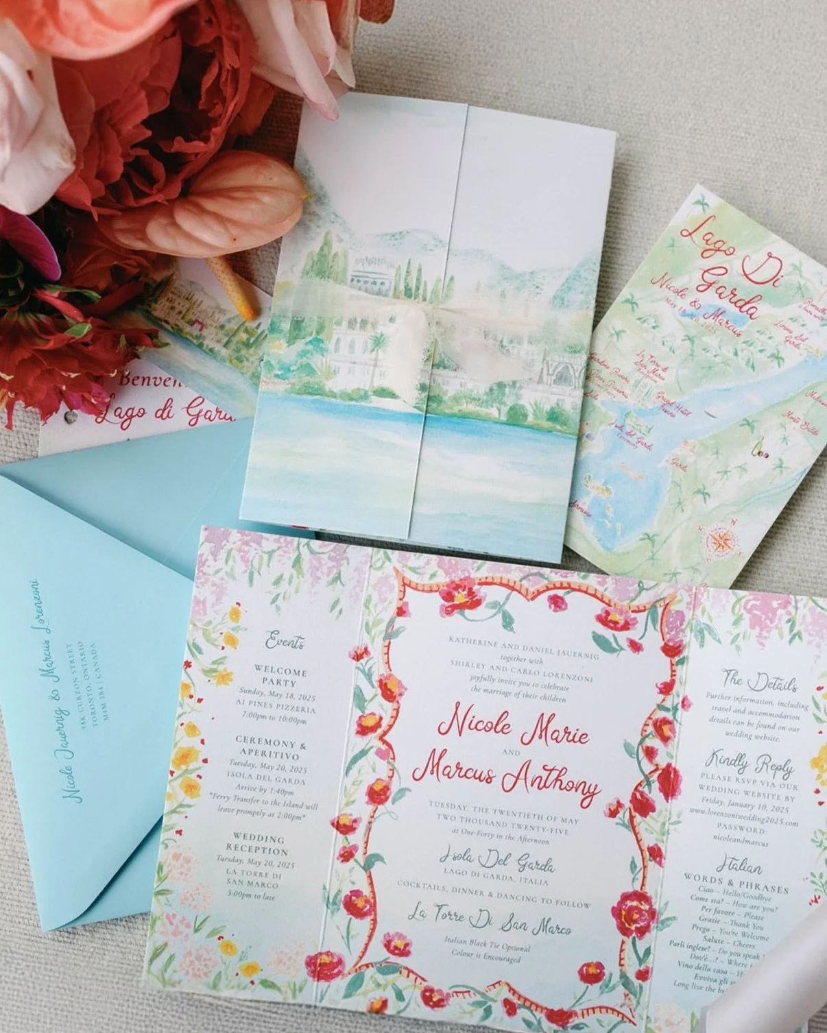 Hand painted watercolours for N&amp;M and their Italian getaway earlier this year 🩷🍋🩵 Congratulations! Photos by @giuliana_covella
⠀
#stationery #paperandposte #destinationwedding #fabricsign #dayofstationery #custominvitation #italywedding