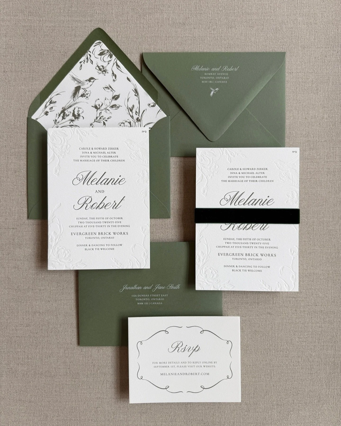A favourite invite (and client!) from this season! Green &amp; Shadow letterpress and that bird detail tied it all together! Congrats M&amp;R! 🖤 @theaventagency
⠀
#stationery #paperandposte #letterpress #weddinginvitation #torontowedding #evergreenb