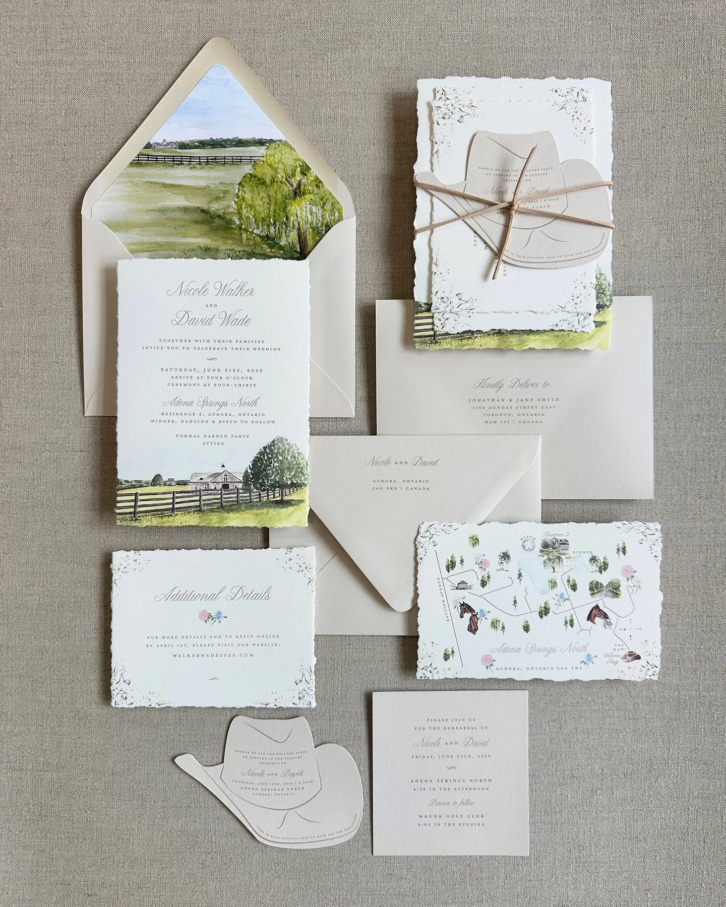 A very custom set for N&amp;D! We worked closely with the couple and @bassettevents to create this layered invitation with custom watercolours of the property and of course, the couple&rsquo;s horses! This design is the epitome of what it&rsquo;s lik