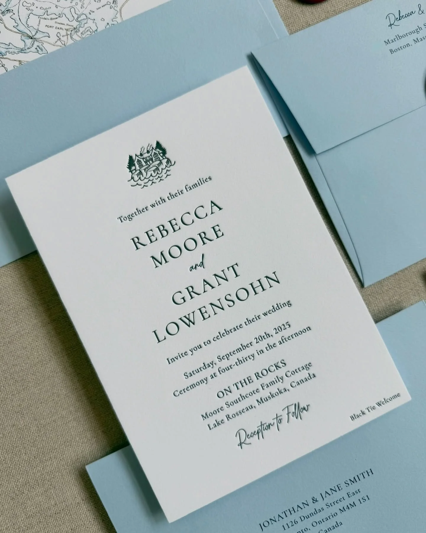 Meet us in Muskoka 🩵🌲🤍
⠀
A cottage chic letterpress invitation for @ashleypigottevents couple R&amp;G from this past September, featuring our vintage map of Lake Rosseau. Take us back to summer weddings!
⠀
#stationery #paperandposte #invitation #w