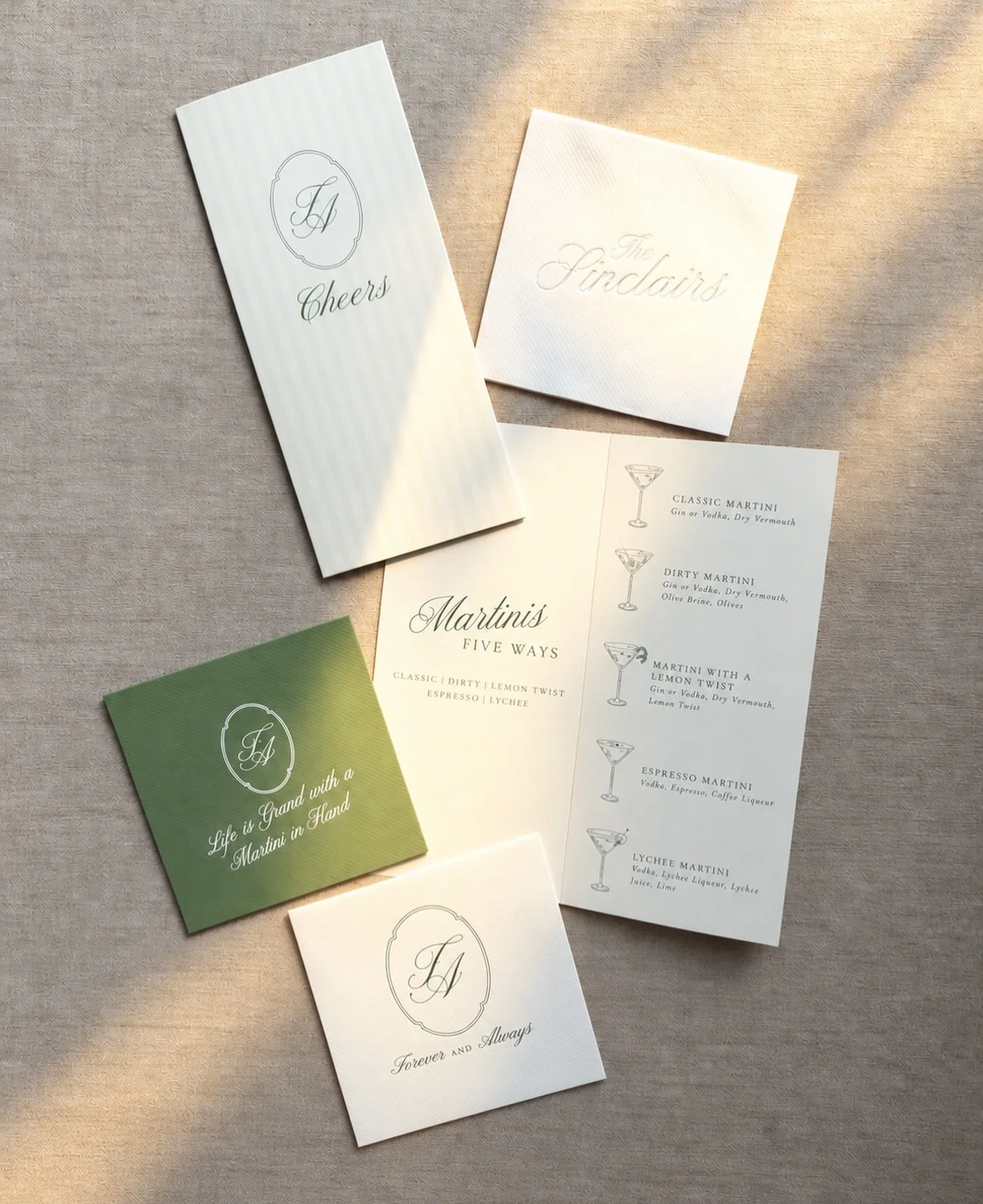 A little something to sip, a little something to savour. 🍸
⠀
Custom cocktail menus, personalized napkins, a delicate monogram, and thoughtful details &mdash; all designed to bring a little extra personality to a Martini Room.
⠀
Because even the smal