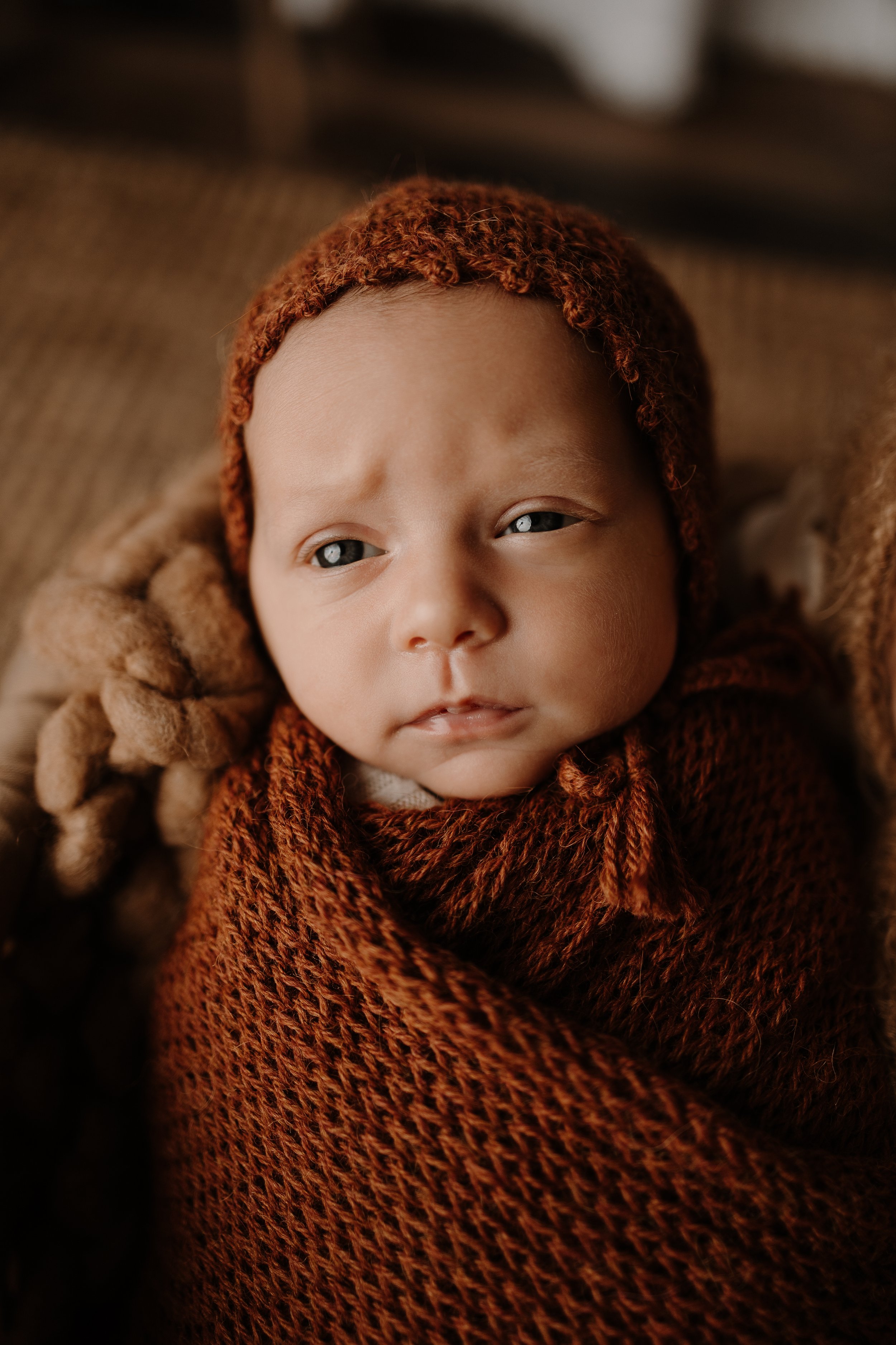 Cumming, Georgia newborn photographer, twin newborn, wrapped newborn session, Lane Collins Photography, boho newborn style, boho style, neutral colors, fall colors, baby in a bonnet