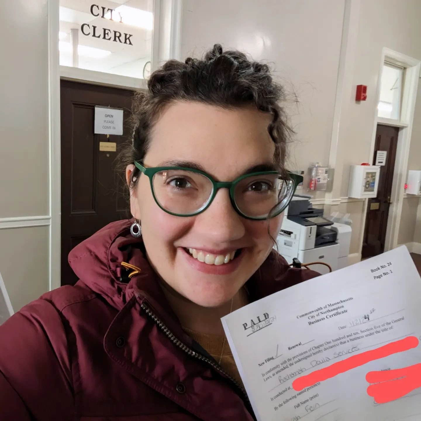 New year, new milestones!
Filed a business certificate at the city clerk's office this morning. Rachamah Doula Services is officially registered as a business in Northampton, MA! 
(P.s. if you Zoom in you can see that I definitely forgot what year it