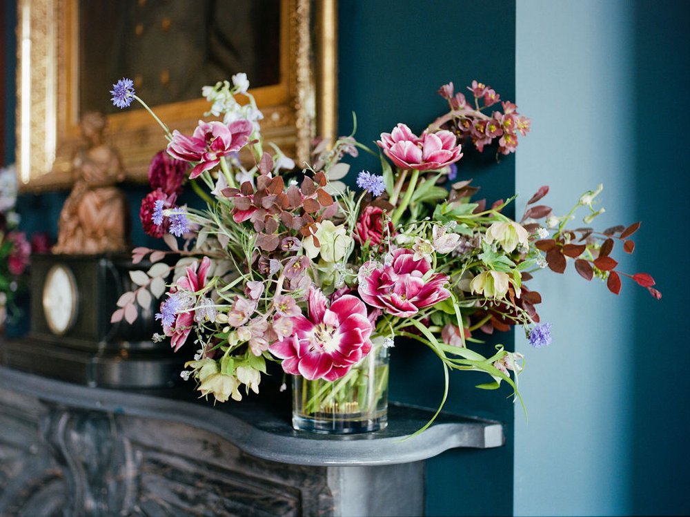 Purple, blue, and burgundy wedding flowers