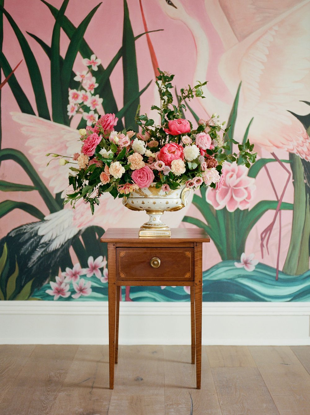 Large pink peony arrangement in vintage porcelain compote