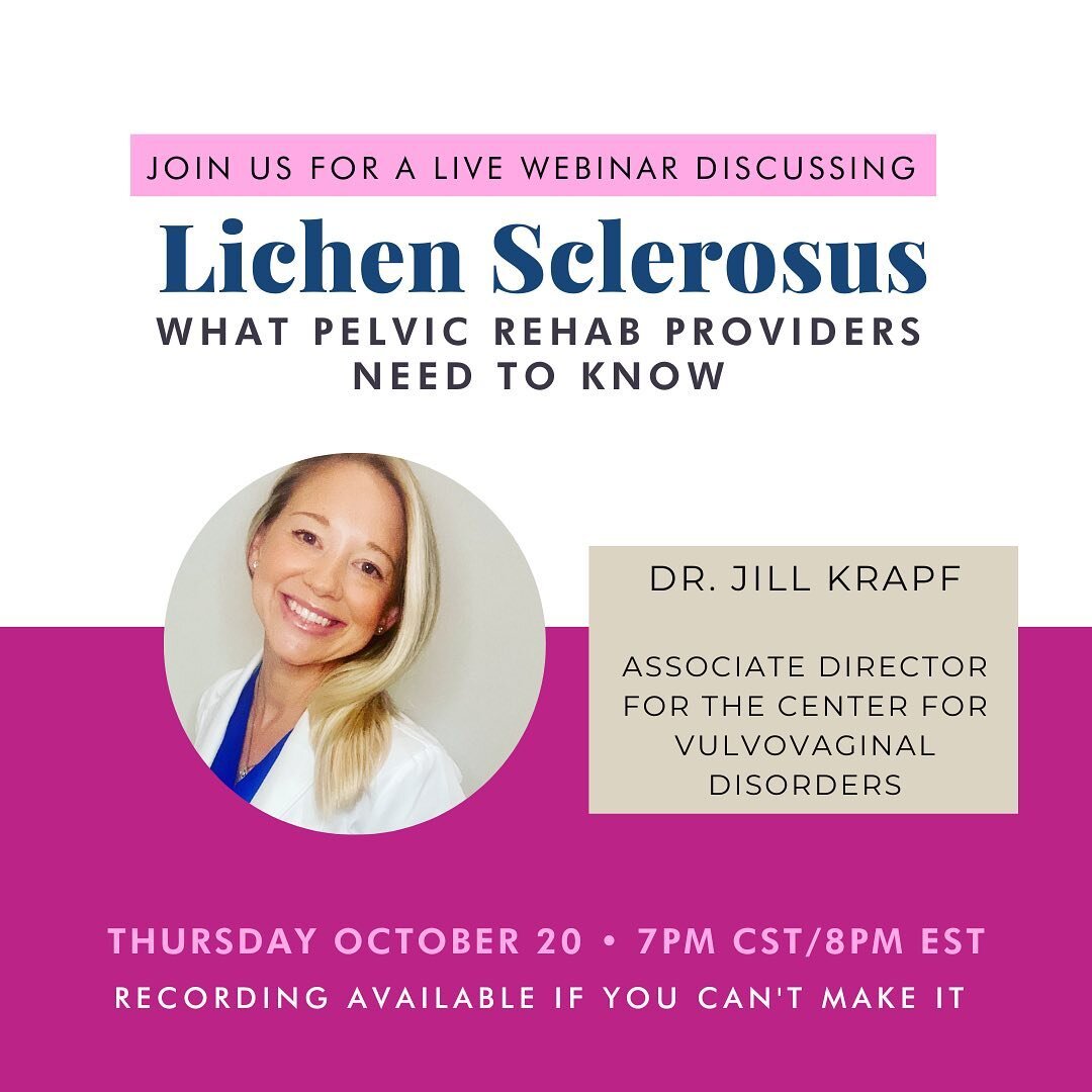 🎉Join us Thursday, October 20 at 7pm CST/8pm EST for a live webinar on Lichen Sclerosus: What Pelvic Healthcare Providers Need to Know!
This 75-minute masterclass features Dr. Jill Krapf, MD MEd FACOG NAMS IF, a board-certified OB-GYN specializing i