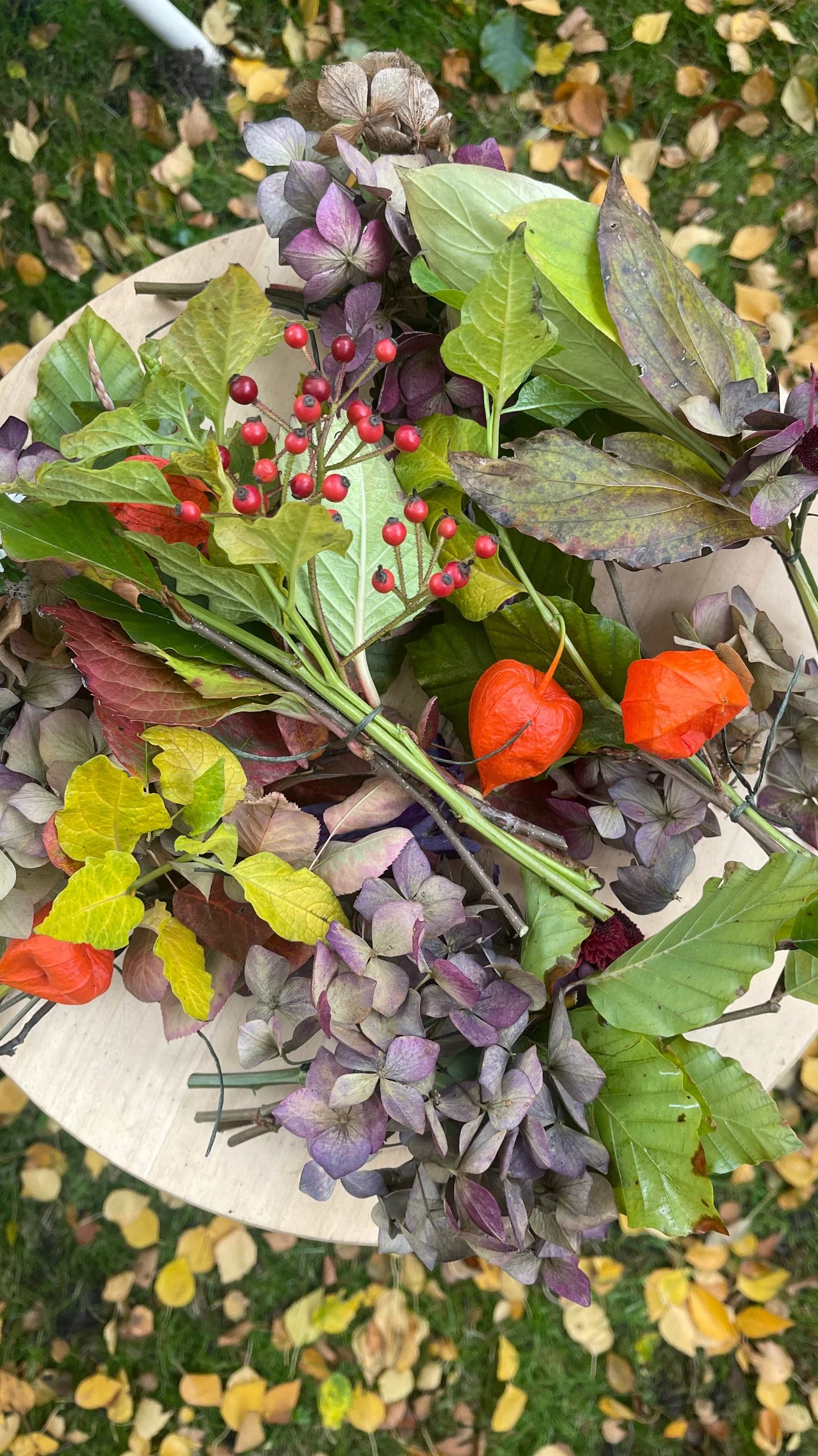 Fall wreath being made in the garden