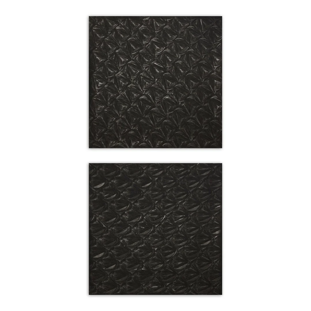 Two patterned works from 2020, created in Beijing on a finely textured paper that reveals the depth and surface detail of Chinese ink. The paper&rsquo;s response to the ink allows light to catch every mark. Because Chinese ink behaves uniquely on eac