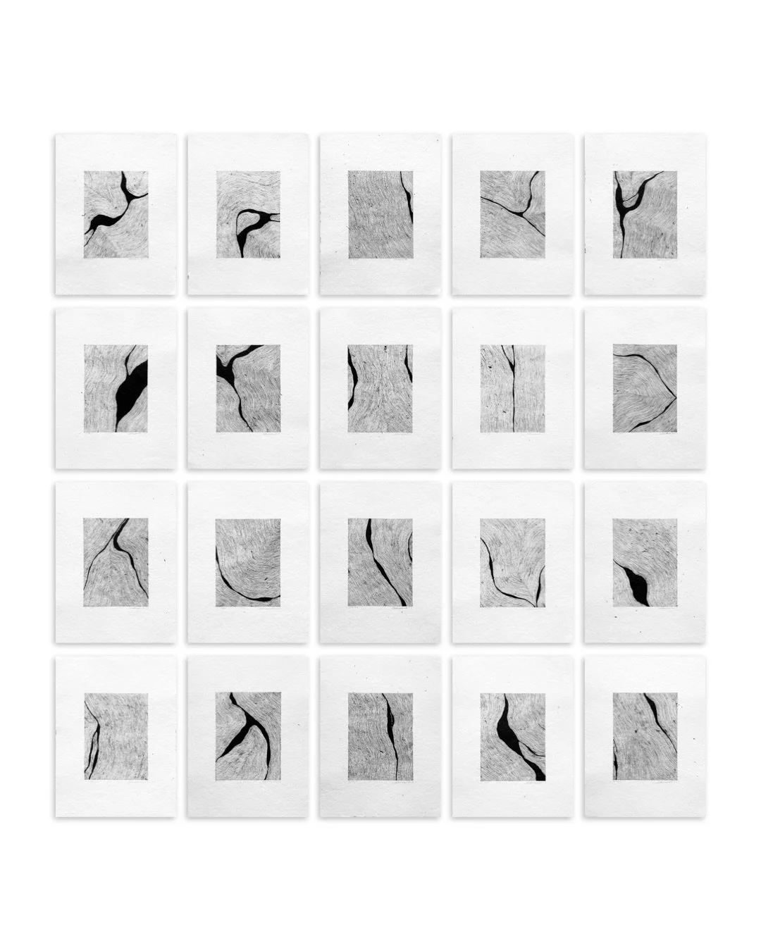 Riverflow research 20 artworks
Chinese ink handmade paper
Size: 21x30 cm each

These works come from my ongoing exploration of nature &mdash; as scener and  nature as behavior. Each fragment is a micro-event: a shift, a pressure, a fracture, a slow a