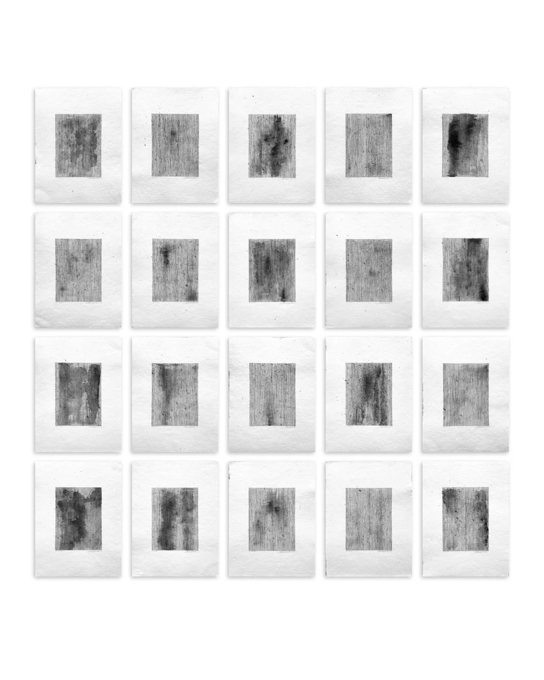 Continue the research
20 artworks 
30x21cm each, Chinese ink on paper

This series consists of twenty works where each piece is almost identical in structure - the same field, the same vertical strokes, yet every shift in shade creates a different em