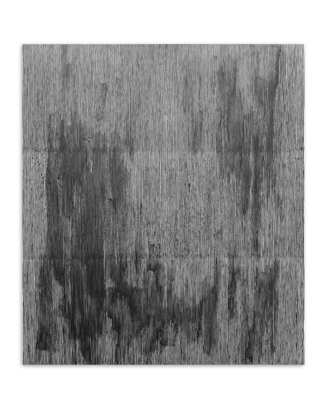Water 1
Chinese ink on paper 
Size: 65.5x85x5 cm

This work starts with strict vertical lines&mdash;my usual structure, my way of marking time. Then I disturb it with something simple: water. A plain gesture, but enough to shift the whole system. The
