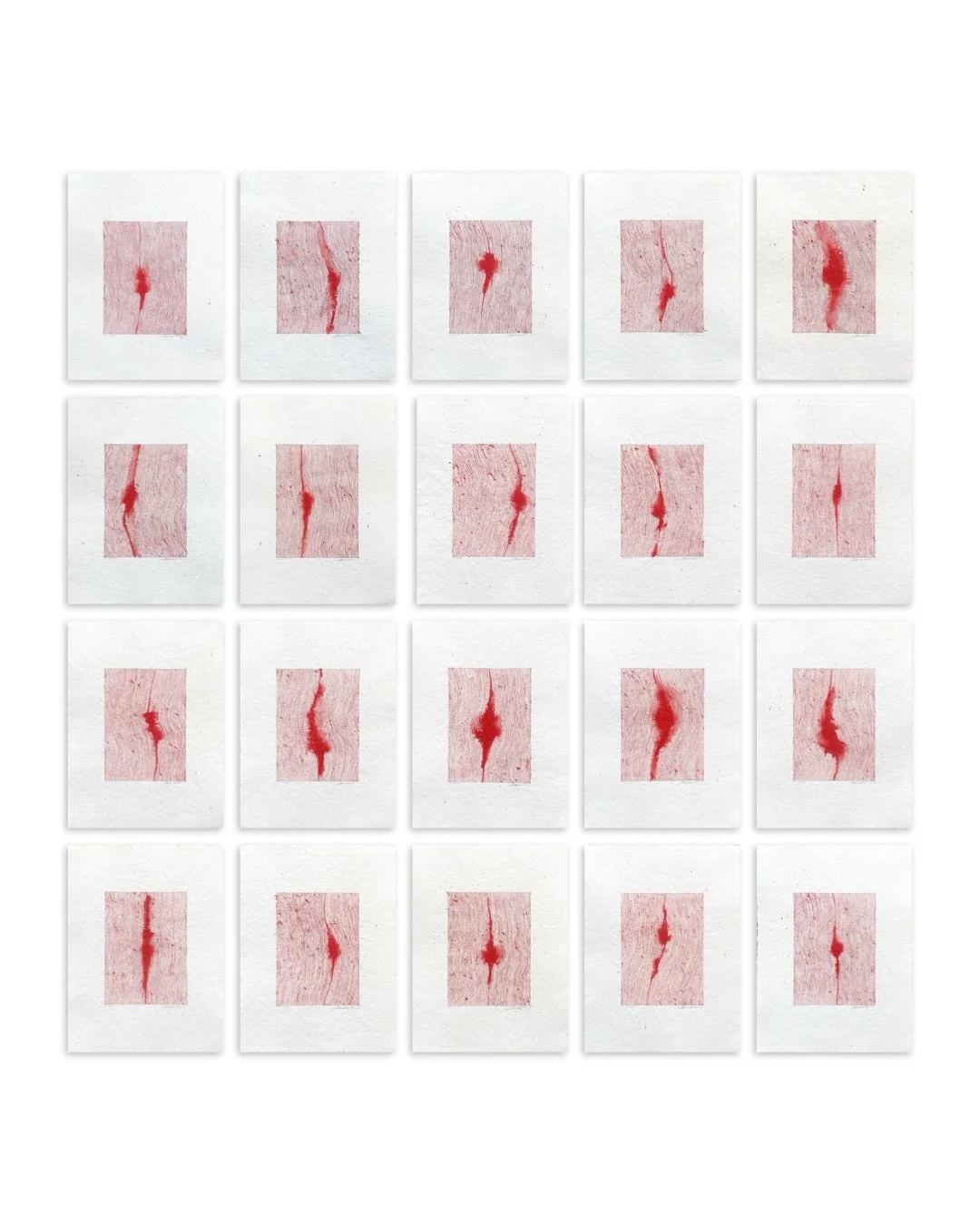 Research of flow in red. 
Th&eacute; mood completely changes with change of color. And within color th&eacute; shape influences th&eacute; flow of the image and the flow of the response within. 

20 artworks, French (!) ink on a paper 
30x21cm each 
