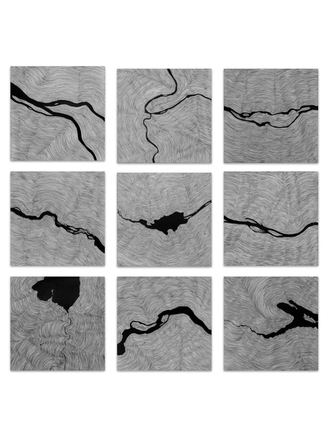 River series 
9 out of 17 artworks 
25,5x25,5cm each (Chinese ink on paper, 2023) 

The River series is based on research into natural rivers around the world. Each work observes how rivers flow, bend, split, slow down, or reclaim their direction ove