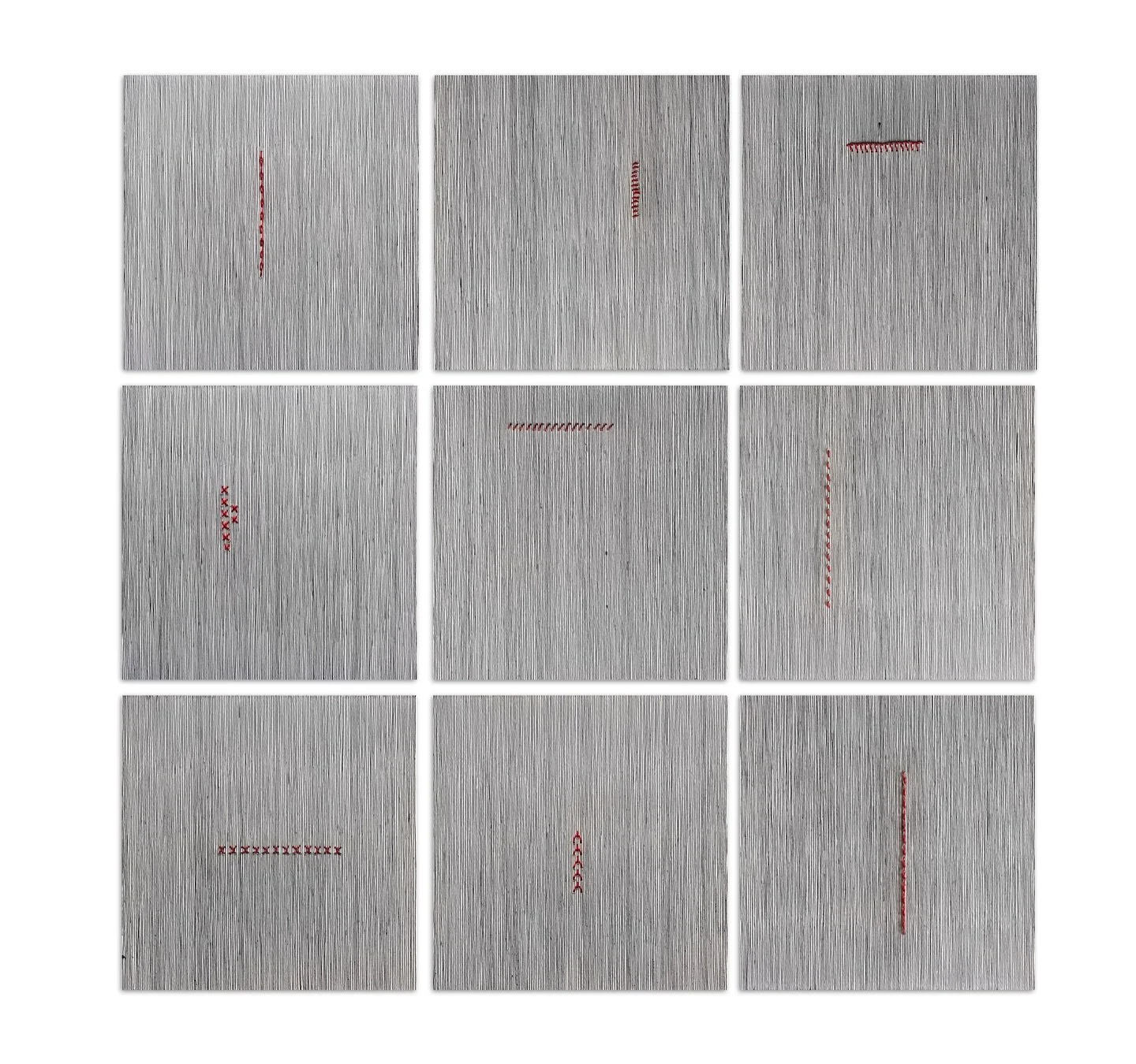 Threads 
9 artworks 
21x21cm each 

The Thread series introduces sewing and red thread as a deliberate shift within a controlled, repetitive field of ink lines. The works explore femininity not as an image or symbol, but as an accumulated experience 