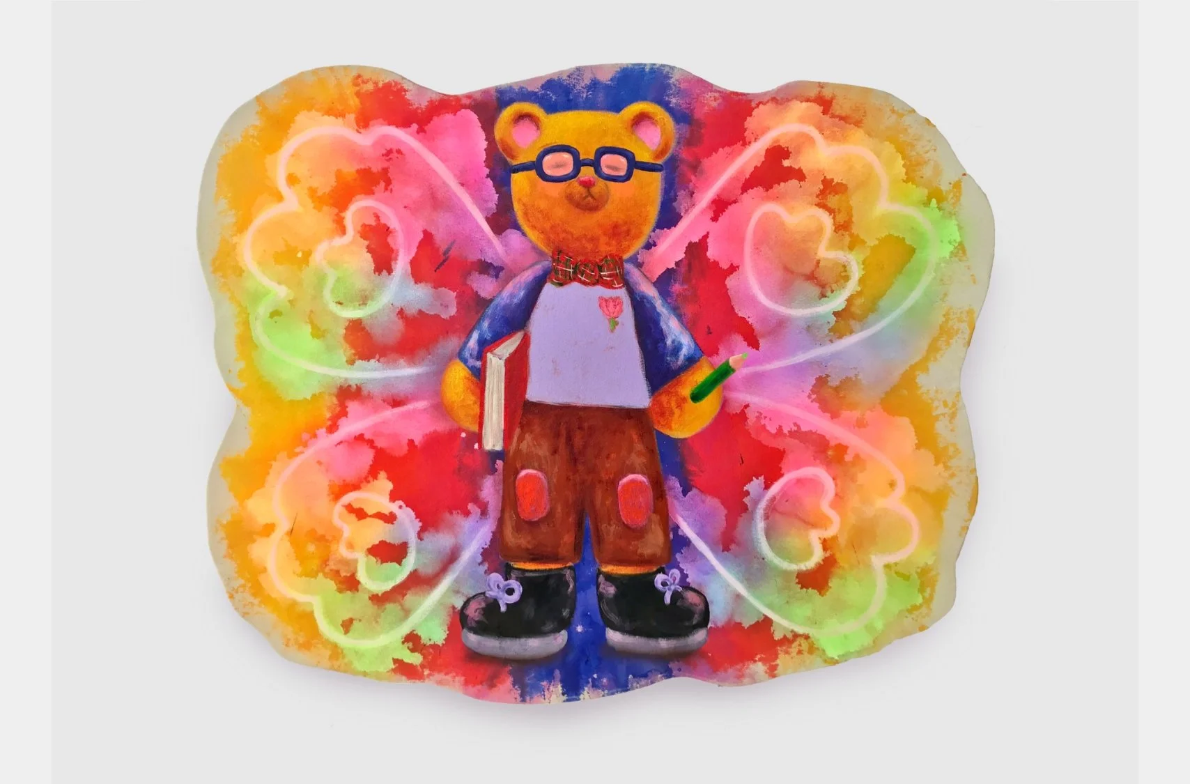 Meet me at the Libeary, acrylic, pastel, airbrush and oil pastel on raw canvas, 140 x 115cm (55” x 45”), 2023