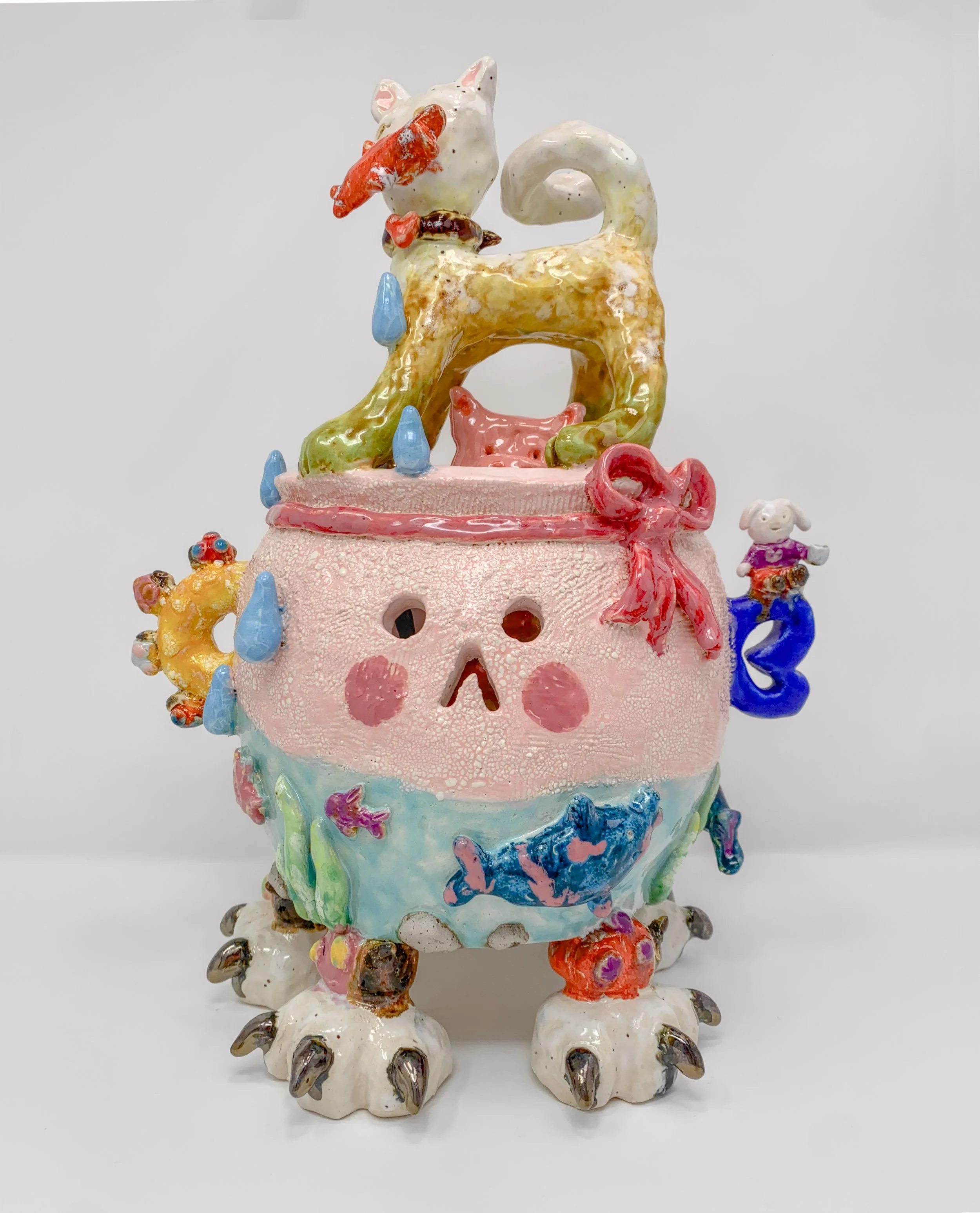 Gone Fishing 
2025
37cm x 28cm x 21cm (14.5“ x 11“ x 8 inches)
Ceramic, Engobe, Glaze