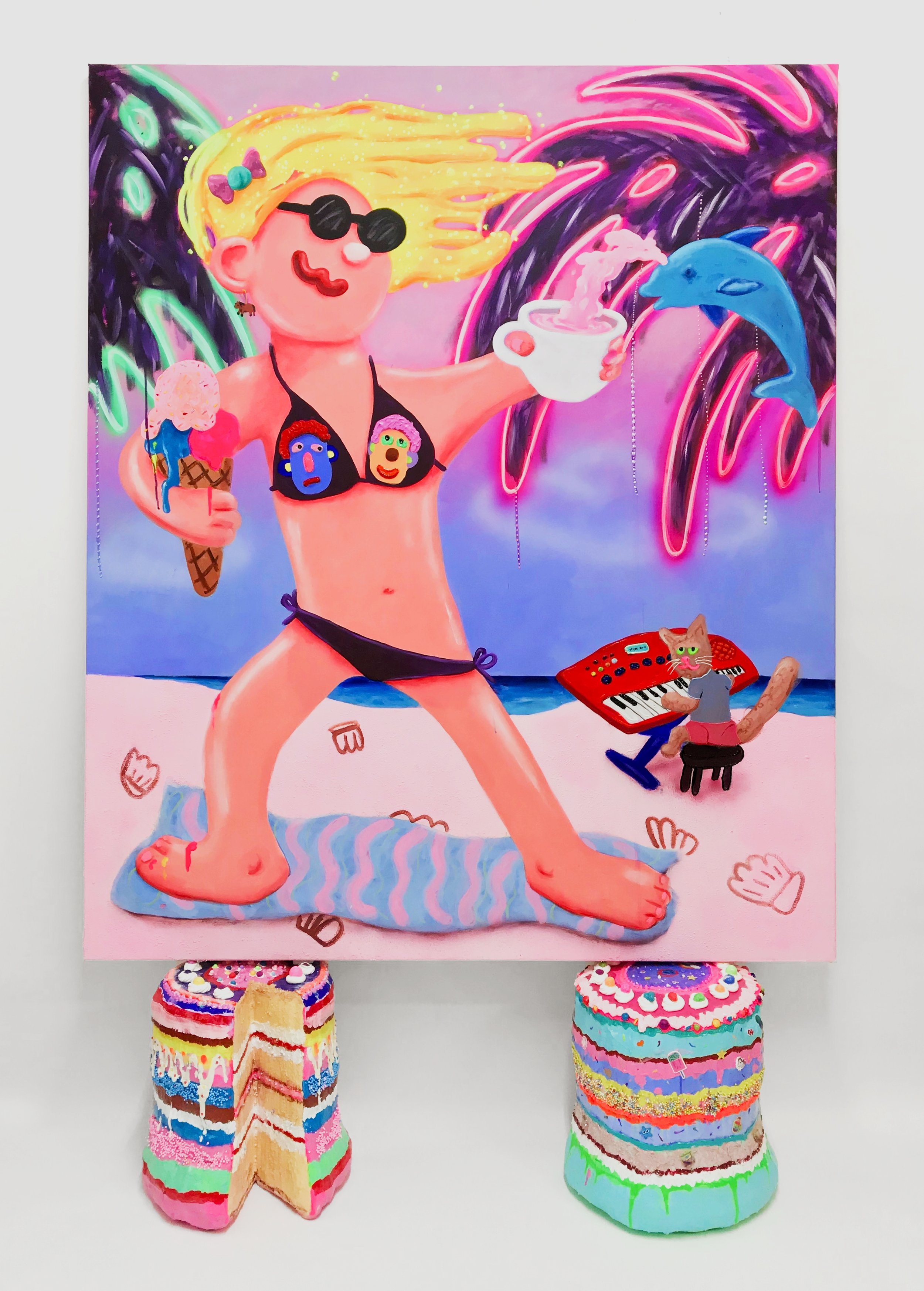 Sandy Buttcrack, 2019, acrylic, airbrush, sand and puff paint on 140 x 165cm canvas, resting on 2 cake sculptures; each ca 40 x 40 x 40cm, acrylic, glitter, play-doh, silicone, stickers, resin and beads on hard coated PU foam, overall dimensions 205