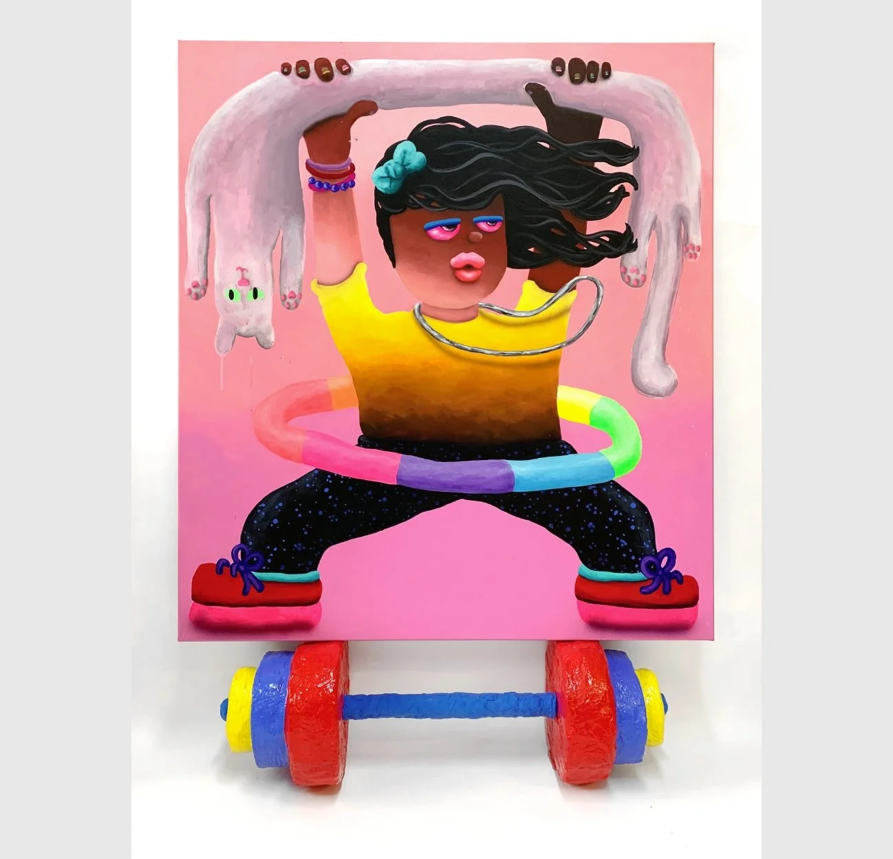 God is a Lady, 2019, acrylic and airbrush on 125 x 140 canvas, resting on dumbell sculpture; ca 33 x 33 x 104cm, acrylic and resin on hard coated PU