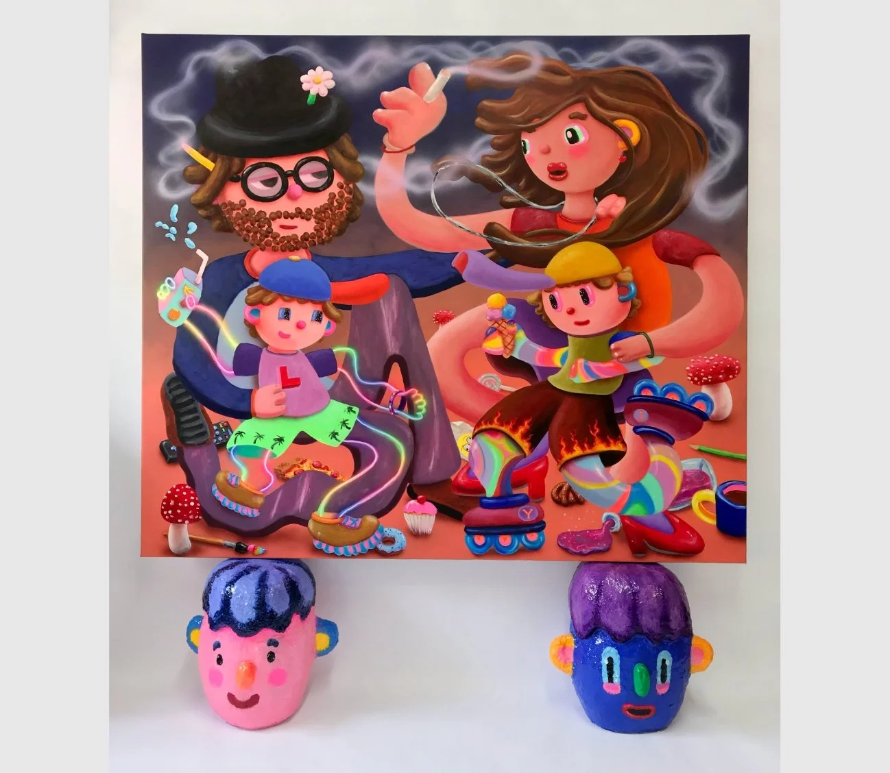 we are family - Alex family portrait, acrylic on 160 x 140cm canvas, resting on 2 head sculptures, each ca 42cm h x 42cm w x 32 cm d, acrylic, resin on hard coated eps, 2020