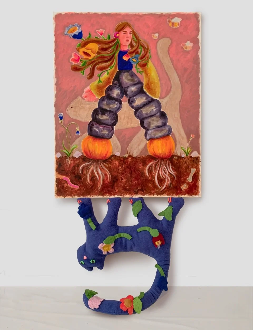 Rooted, 2025, acrylic, gouache, pastels on canvas; cat soft sculpture, fabric, silk clay, magnets, canvas size 100 x 125cm, sculpture size 88 x 75 x 15cm, overall dims 187 x 125 x 15cm