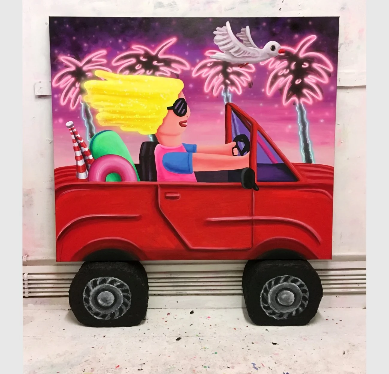 Leonardo Di Cabrio, acrylic and airbrush on canvas on 2 wheels, 140 x 120 x 3.6cm canvas size, 2018