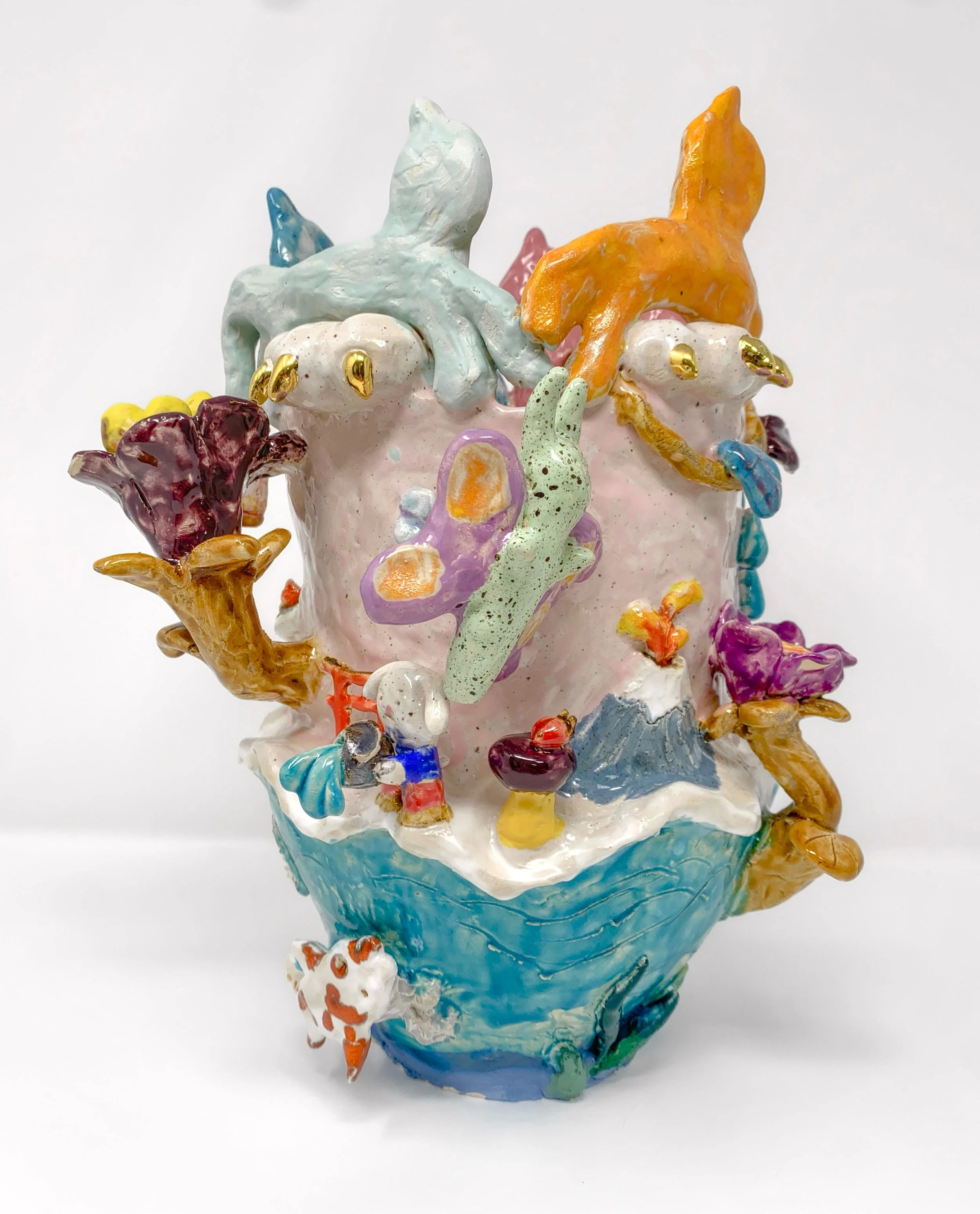 Spilled my Cola
2025
32cm x 22cm x 22cm (12.5” x 8.5” x 8.5 inches)
Ceramic, Engobe, Glaze, Gold Lustre