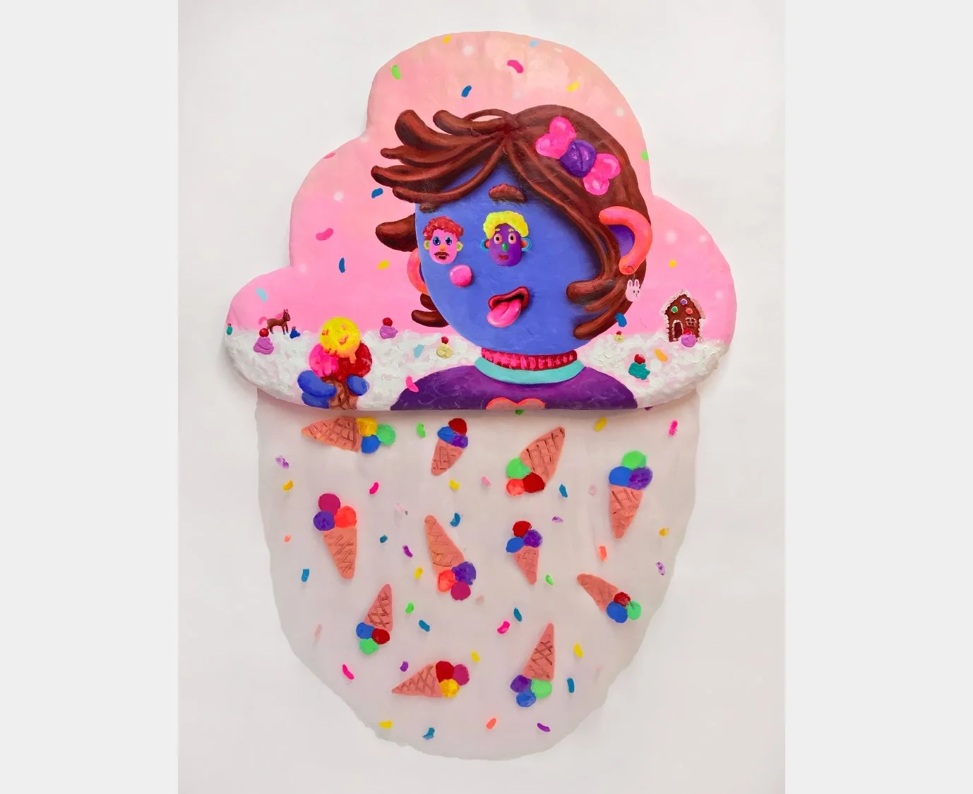 What's the scoop, acrylic, gouache on 100 x 70 x 7cm cloud shaped sculpture; polyurethane, plaster, wood, velcro and painted detachable organza (ca 90 x 70cm), overall dimensions 100 x 140 x 7cm (39” x 55” x 3”), 2020