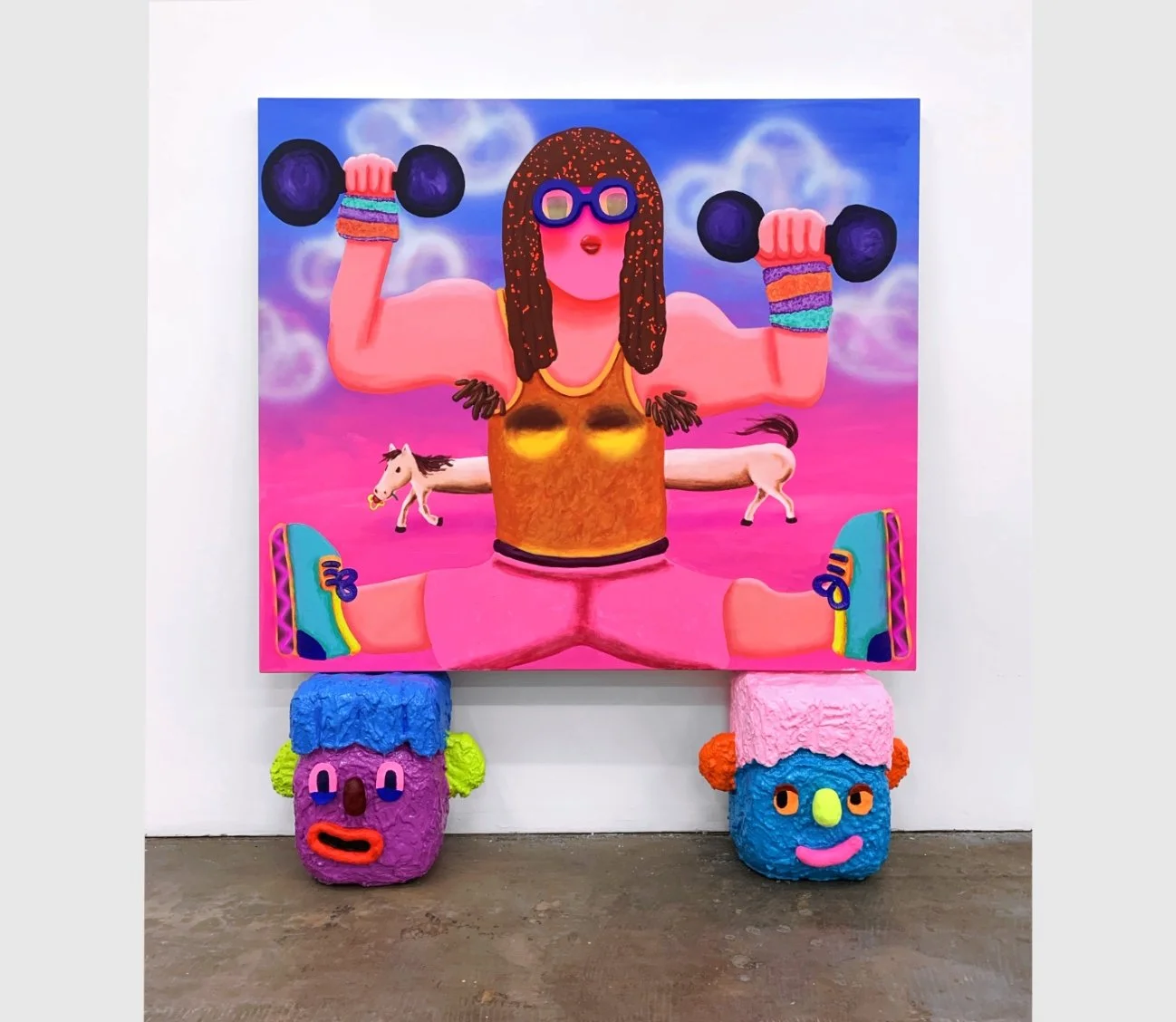 jane claude van dame, 140 x 120 x 3.5cm, acrylic, flashe and airbrush on canvas, resting on 2 heads, each ca 40cm h / 40cm w / 33cmd, heads made in 2019