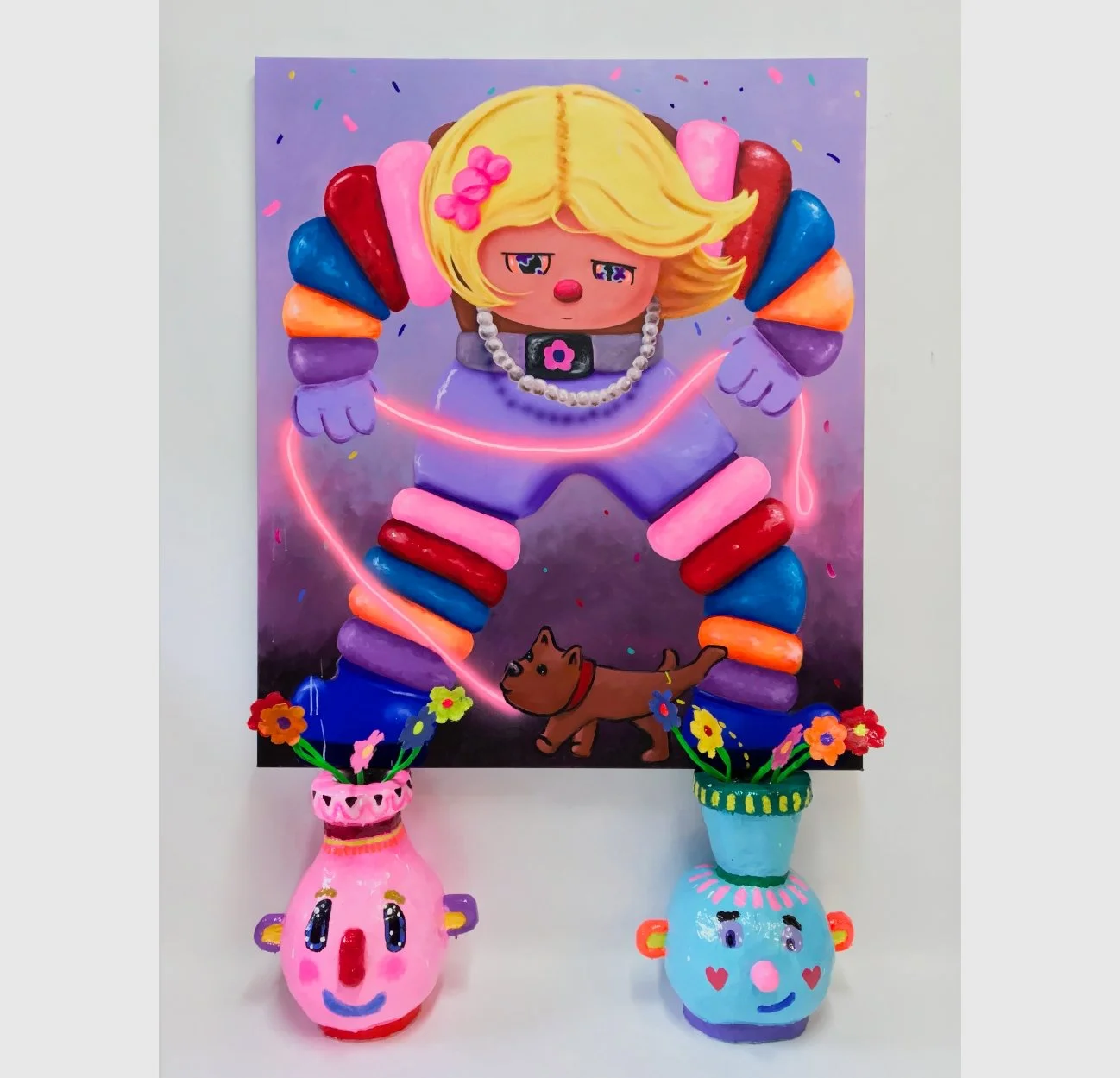 KABLOOM, acrylic on 140 x 120cm canvas, resting on 2 flower vases; resin, acrylic, canvas, wire, polyurethane, plaster, each ca 51 x 46 x 33cm, 2020