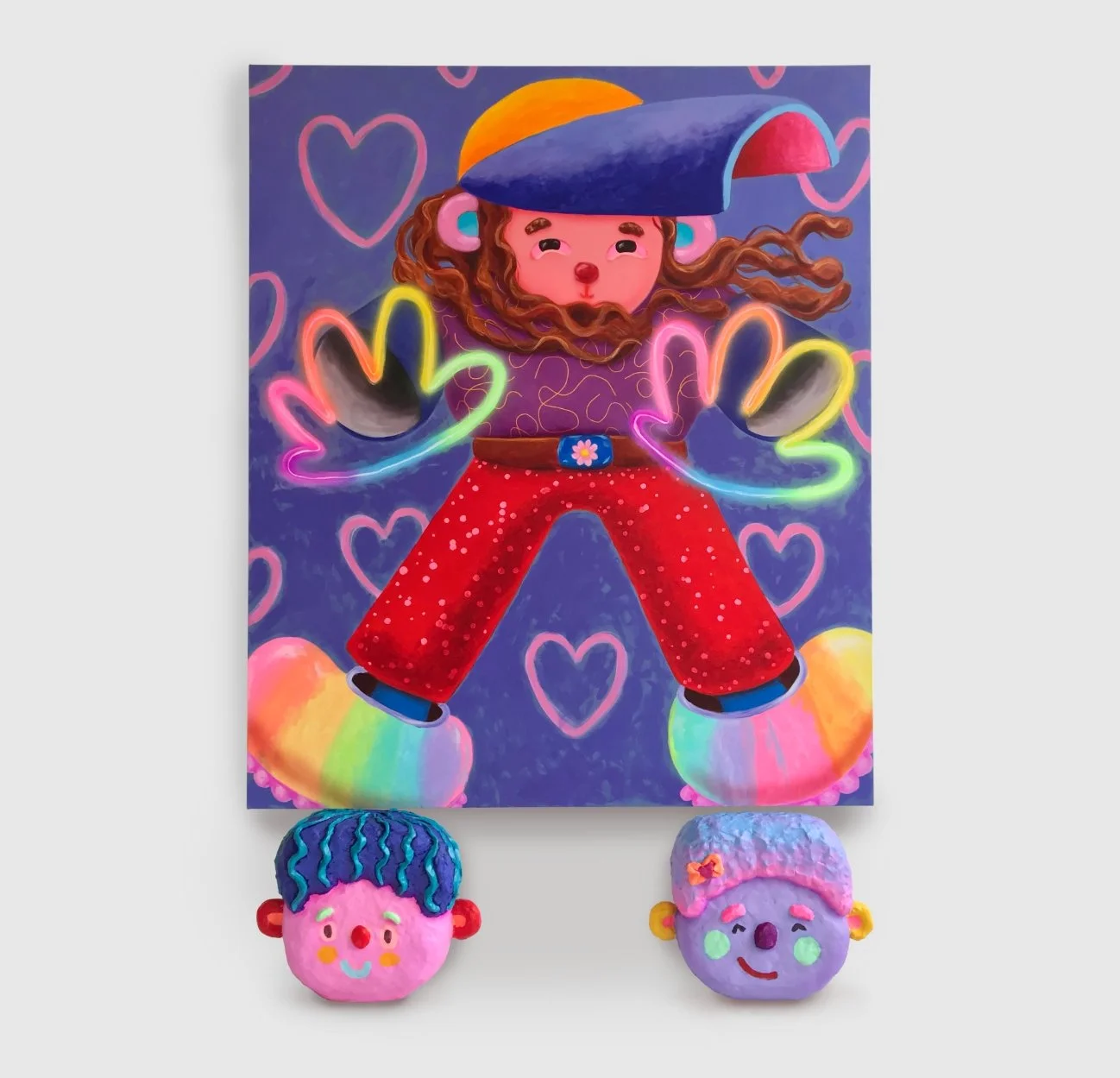 Noodle Magic, 2022, acrylic on canvas, 50" x 60", 2 head sculptures, acrylic, clay, cement, resin, EPS, each ca 17" x 14" x 6", acrylic, epoxy, EPS