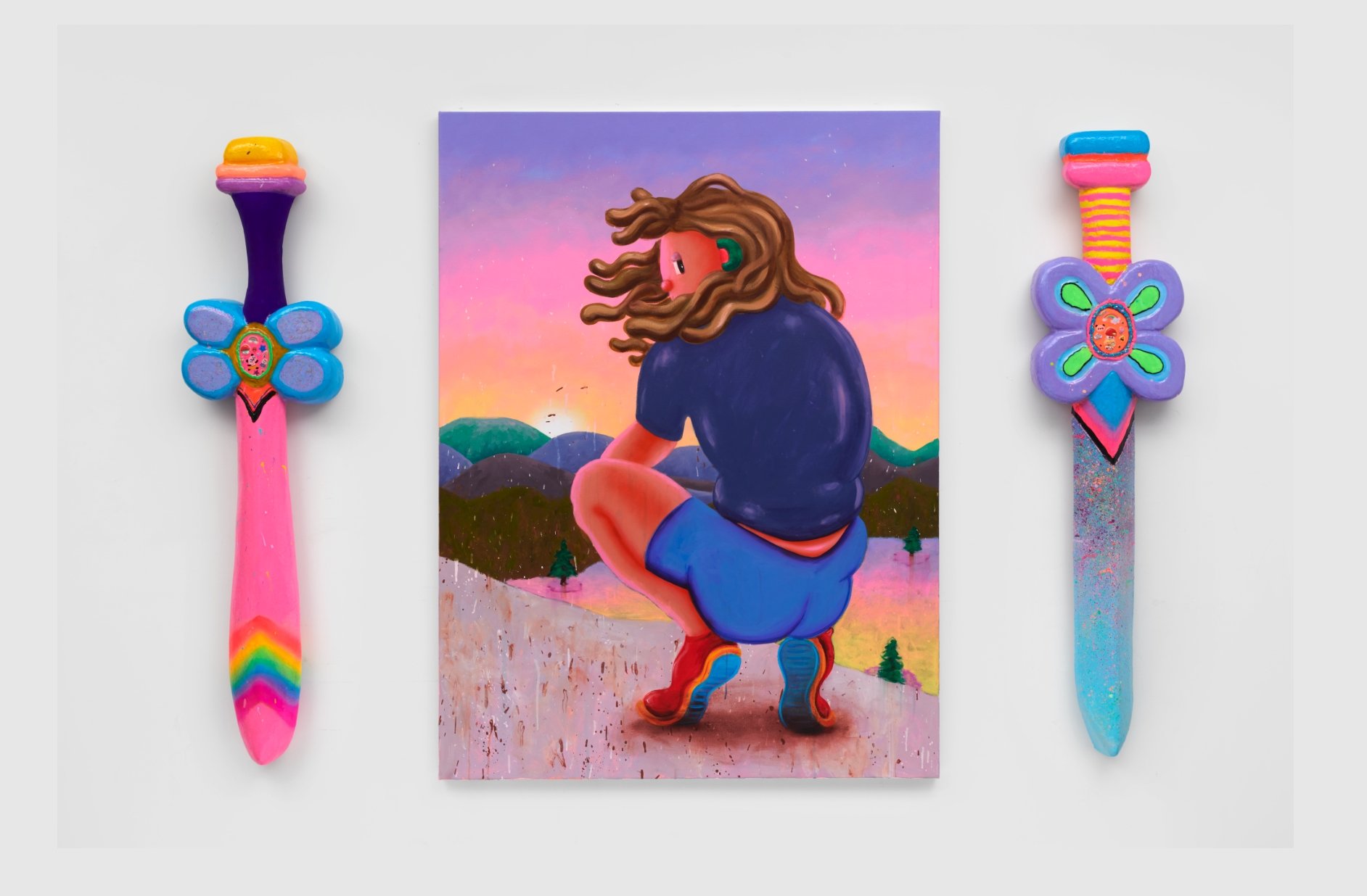 There can only be One, 2020, acrylic on 140cm x 105cm (41” x 55”) canvas, with 2 sword sculptures, each ca 130 x 30 x 10cm (51” x 12” x 4”)