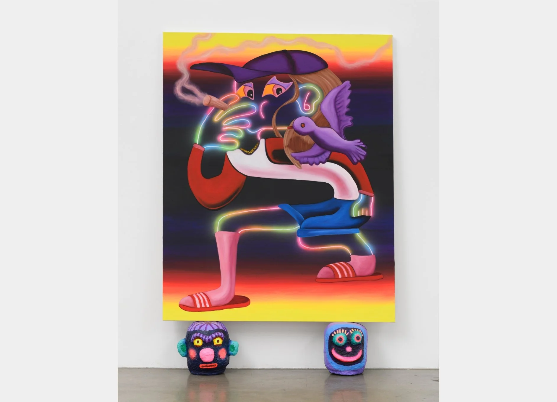 Sticks and Stones,
150 x 120cm, acrylic, oil on canvas, resting on mixed media head sculptures, 2017