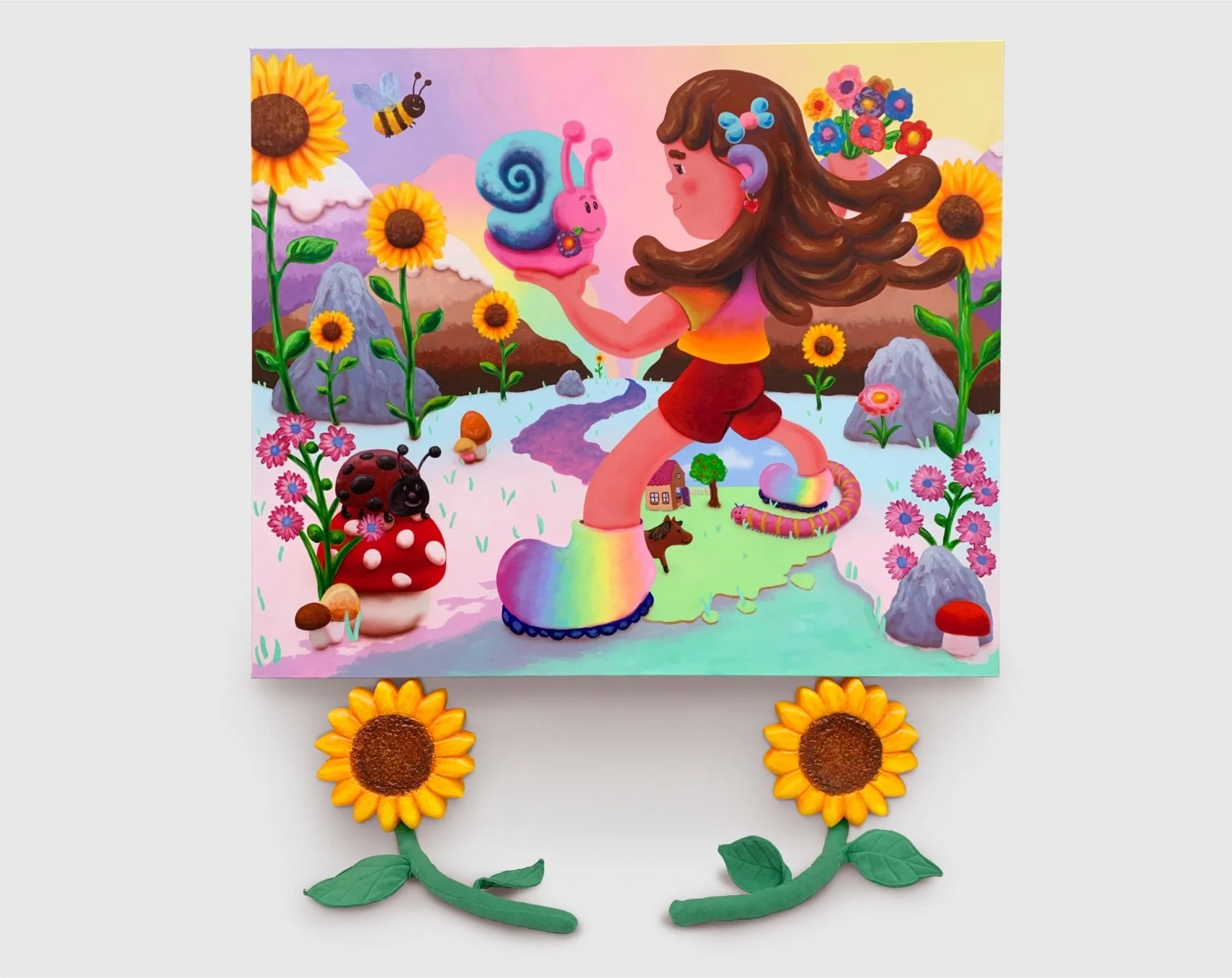 I beg your Garden, 2021, acrylic on 160 x 190cm canvas, 3D pen drawings on canvas sides; 2 sunflower sculptures, each ca 40 x 105 x 7cm, acrylic, resin, EPS, fabric, 2021