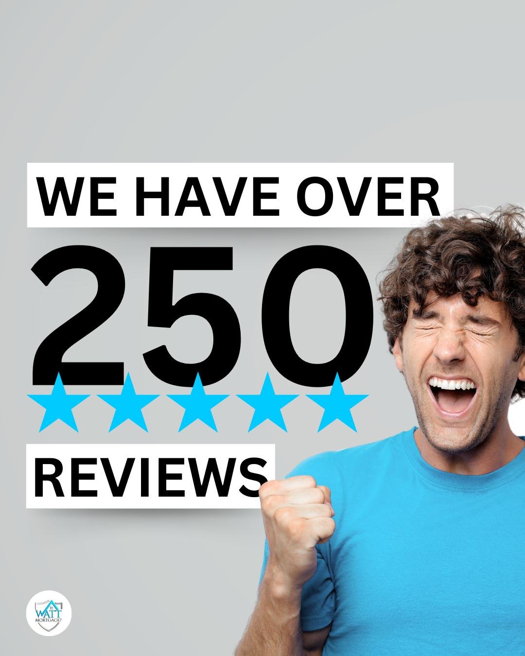 We have over 250 reviews! ⭐️

We are so proud of the team at Watt Mortgage for providing our clients with such amazing service! 💙

If you haven't shared your experience, help us reach our goal of 300 reviews on Google!