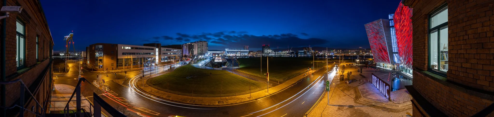 Titanic Belfast night panoramic view. Belfast