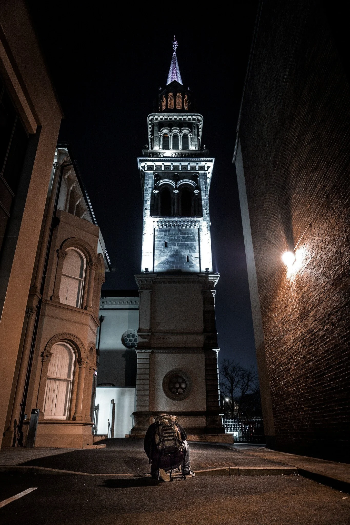 Photographer at Elmwood Hall night shot