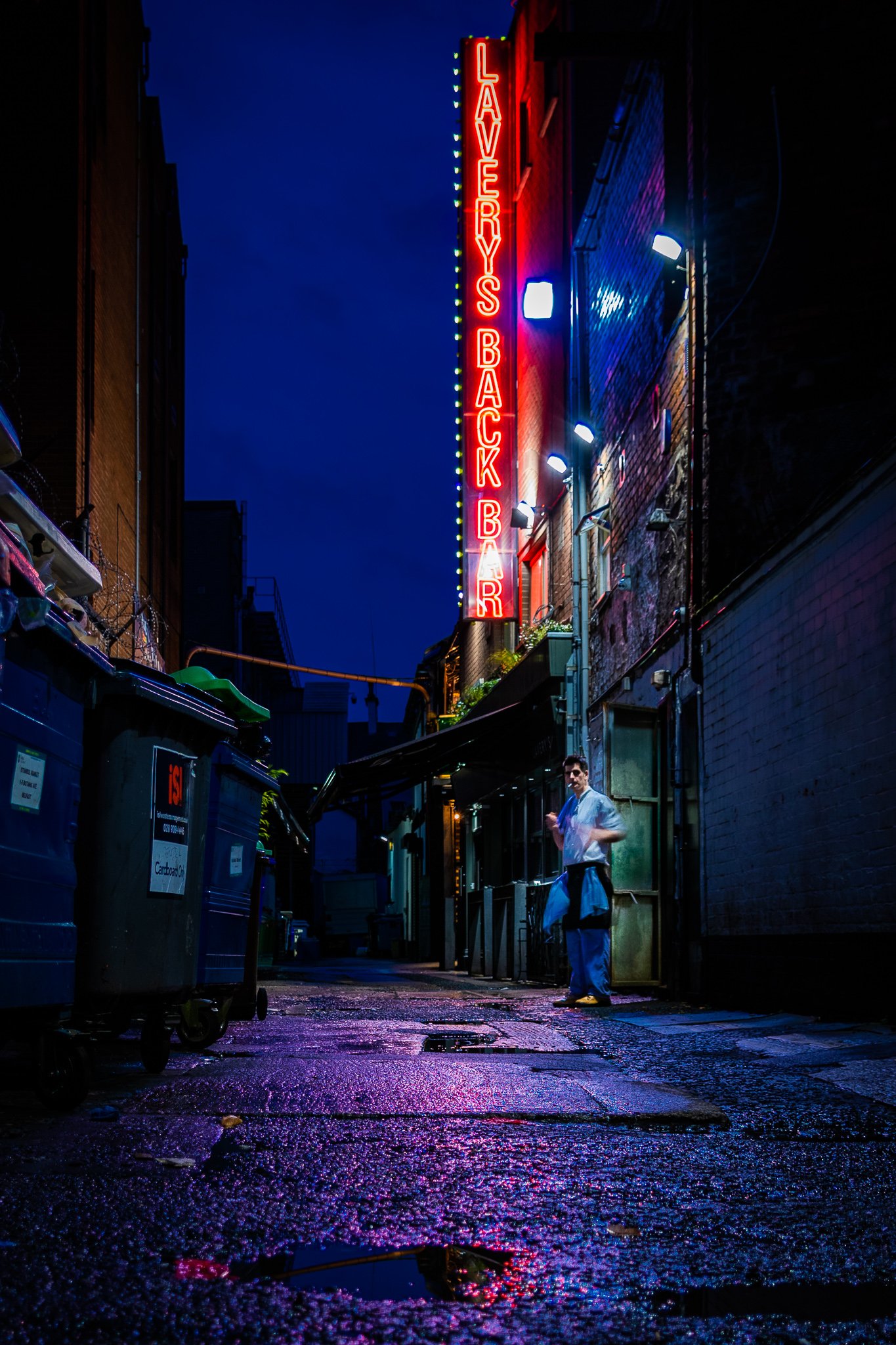 Chef on a smoke break at Lavery's back bar, Belfast