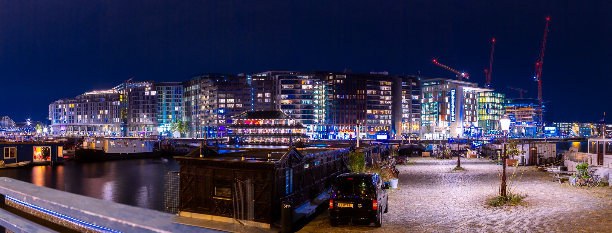 Oosterdokseiland night panorama, Amsterdam, Netherlands