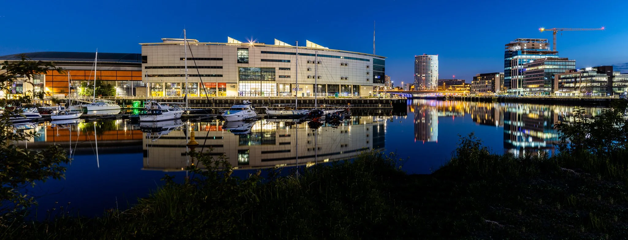 The SSE arena, The Obel and Cityquays at twilight. Belfast panorama