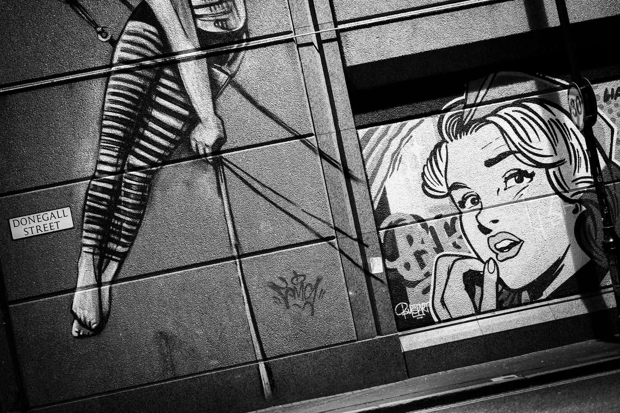 Street art in black and white on Donegall Street, Belfast at night
