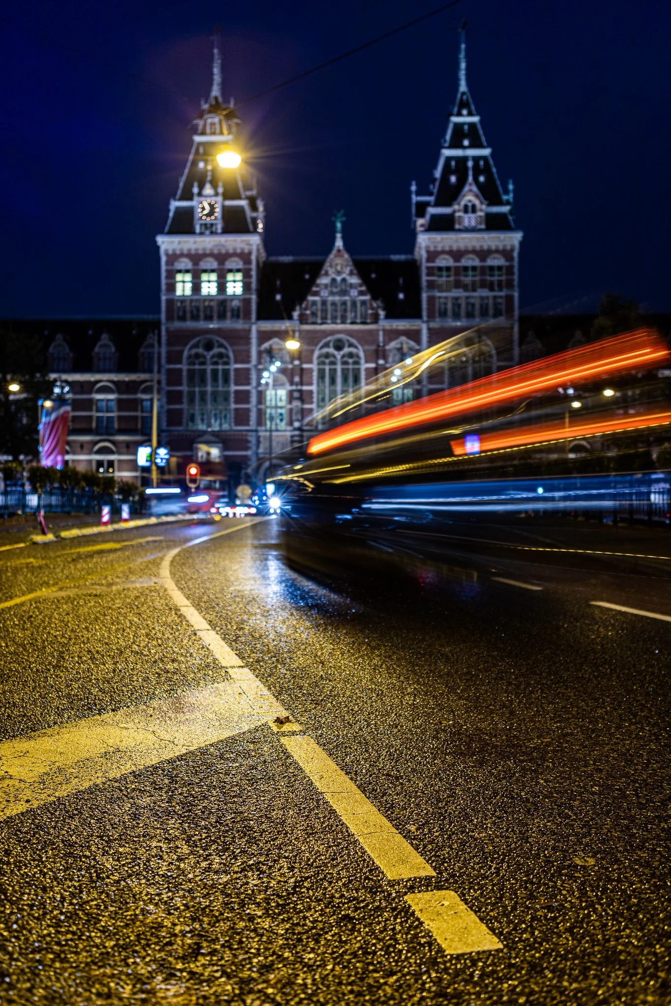 Rijksmuseum, Amsterdam at night with traffic trail