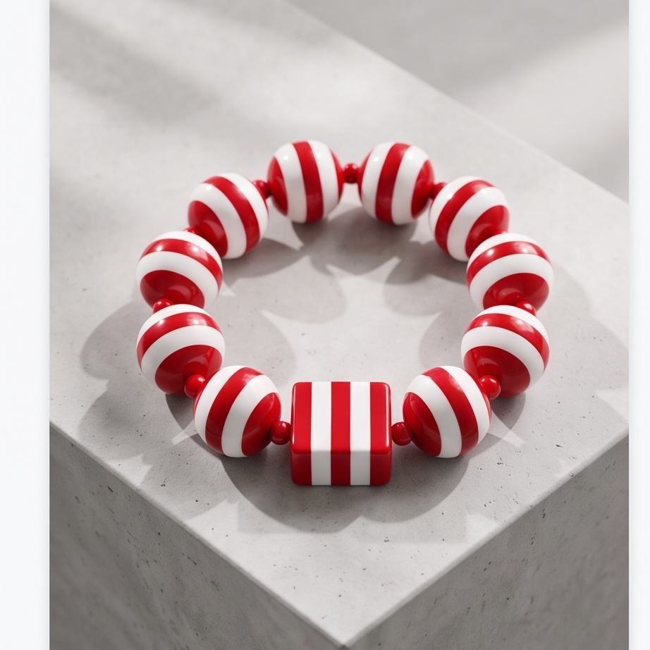red and white striped lucite bead stretchy bracelet