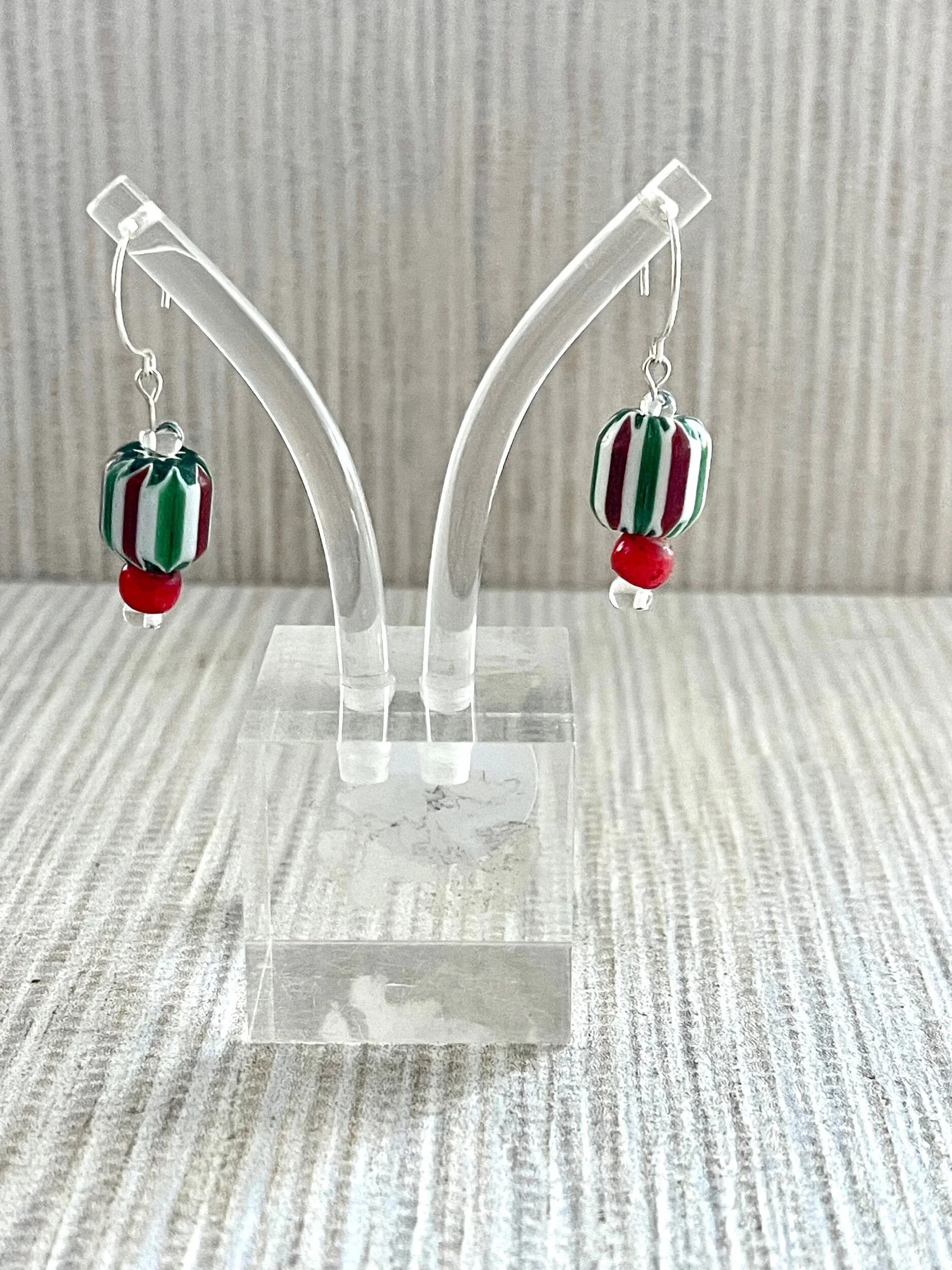 African red glass bead with vintage glass bead on a sterling silver ear wire